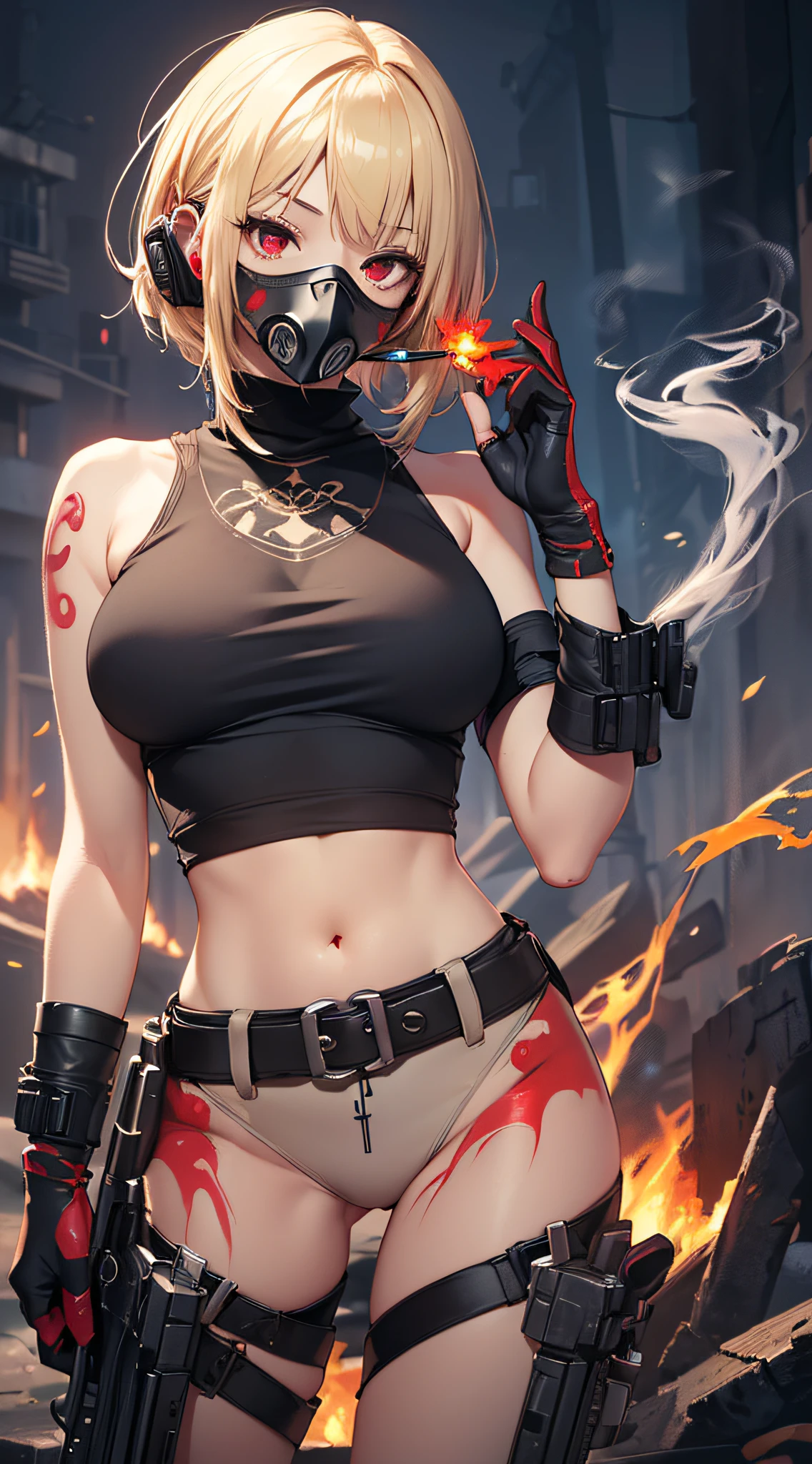 top-quality、Top image quality、​masterpiece、girl with((18year old、Blue navel tank top、Military pants、Best Bust、Bust 90、Blonde Away Tail、Red Eyes、open ????? wide、Valley、Happiness、A slender、ssmile、black bandana、Holding a revolver in your right hand、,gas masks,Earphone jack in ear、Red Body Paint、Shooter)）hiquality、Beautiful Art、Background with((Survival Games、Burning smoke))、masutepiece、Elaborate design、visualart、