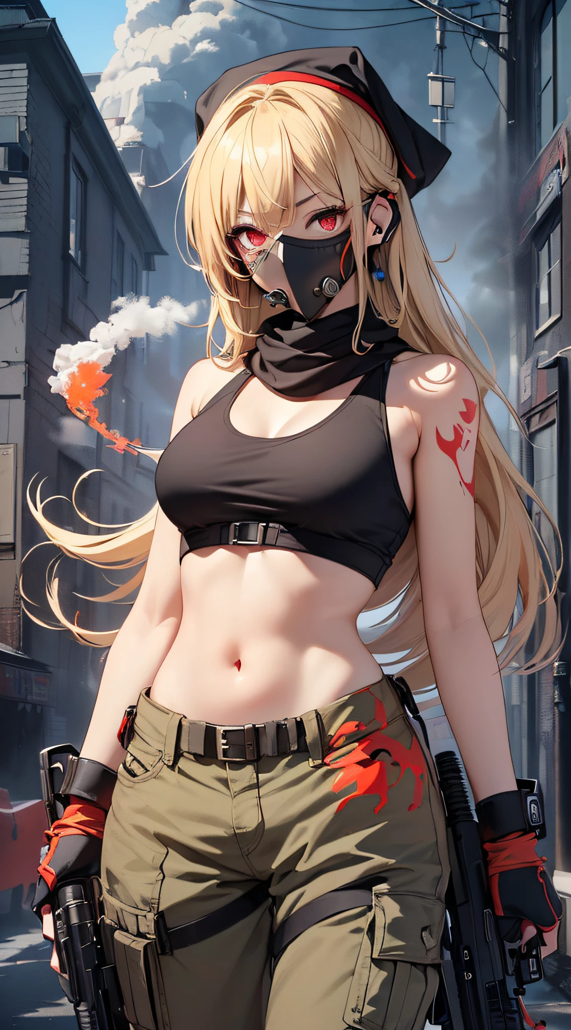 top-quality、Top image quality、masterpiece、girl with((18year old、Blue navel tank top、Military pants、Best Bust、Bust 90、Blonde Away Tail、Red Eyes、open chest wide、Valley、Happiness、A slender、ssmile、black bandana、Holding a revolver in your right hand、,gas masks,Earphone jack in ear、Red Body Paint、Shooter))hiquality、Beautiful Art、Background with((Survival Games、Burning smoke))、masutepiece、Elaborate design、visualart、