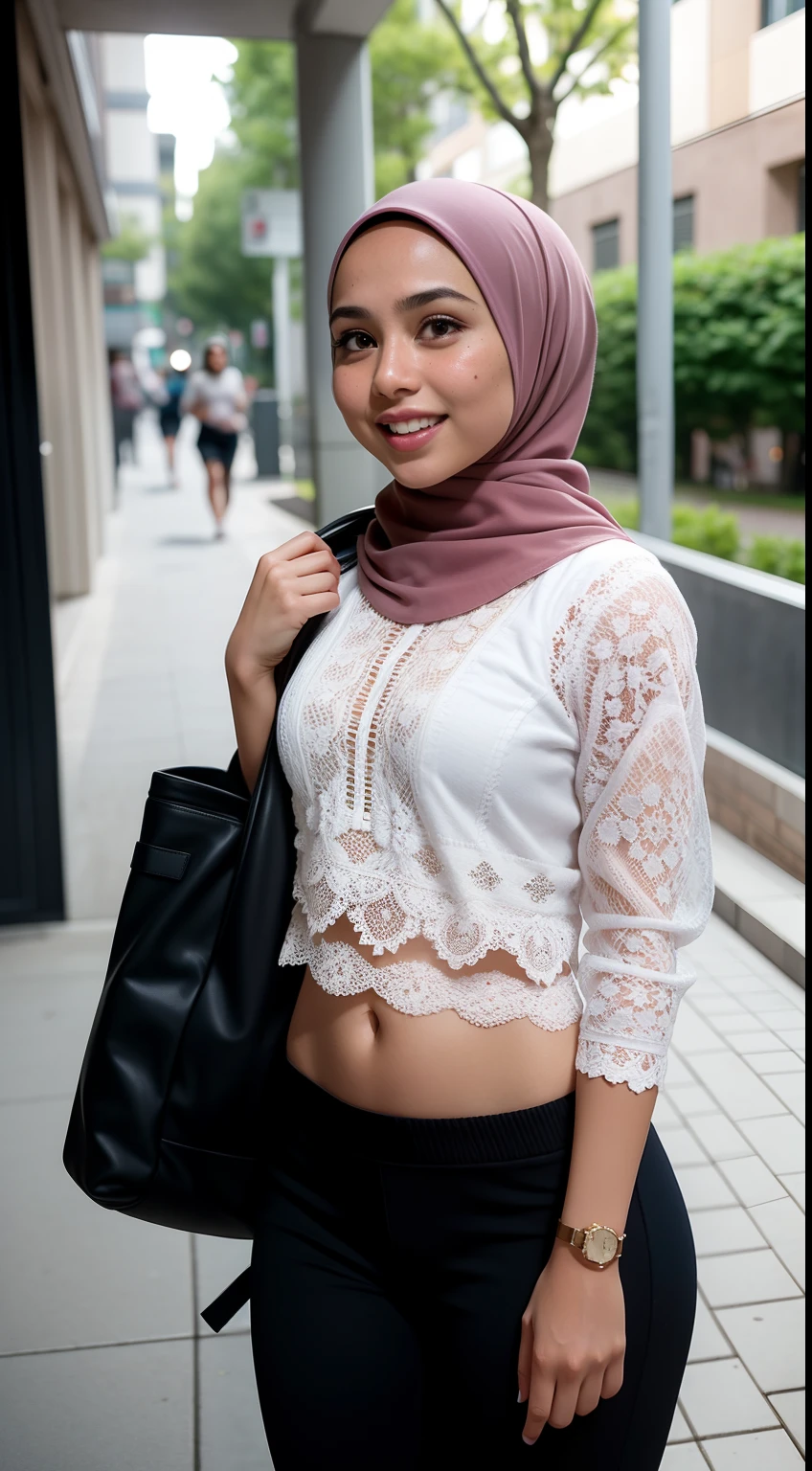 Malay girl in hijab, wear small floral pastel color lace panties slow run in college, jogging, wear backpack, front view, hijab blown, windy, detail skin, age spot, detail skin texture, mole below eyes, small breast, flat chest, wide hips, small waists, thick thighs, slim abs, beautiful body, nighttime, laughing, happy, bright lighting, college student in background, crowded college, blur background, bokeh,