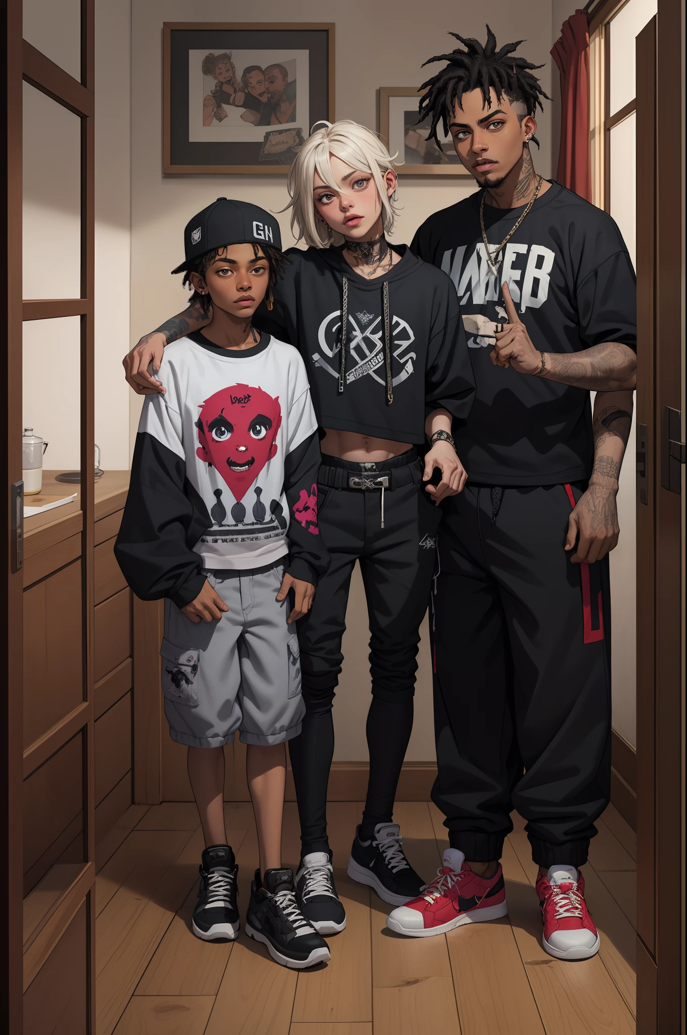 mixed genders family rappers portraits badass selfies of females version xxxtentacion juice wrld inspired crazy wild detals gangsta gang baggy sagging trap sumpreme streetwear at a cosy indoor home raisng hands gang signs middle finger