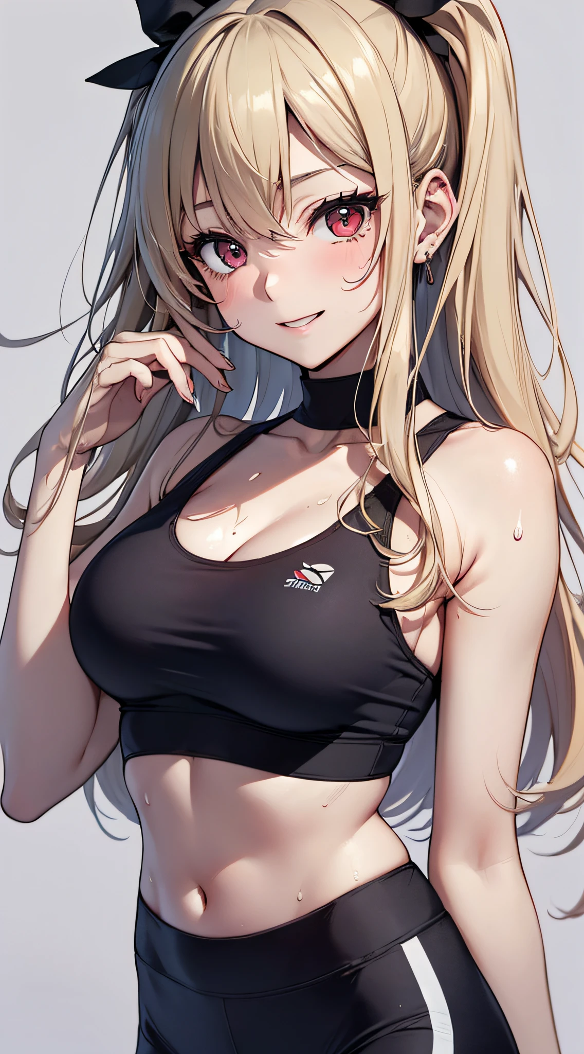 top-quality、Top image quality、masterpiece、girl with((18year old、Blue Sports Bra、Blue sports pants、Best Bust、Bust 90、Blonde shortcuts、Red Eyes、open chest wide、Valley、Happiness、A slender、ssmile,Hot Yoga、Sweating、Splattering sweat))hiquality、Beautiful Art、Background with((nightclubs))、masutepiece、Elaborate design、visualart、