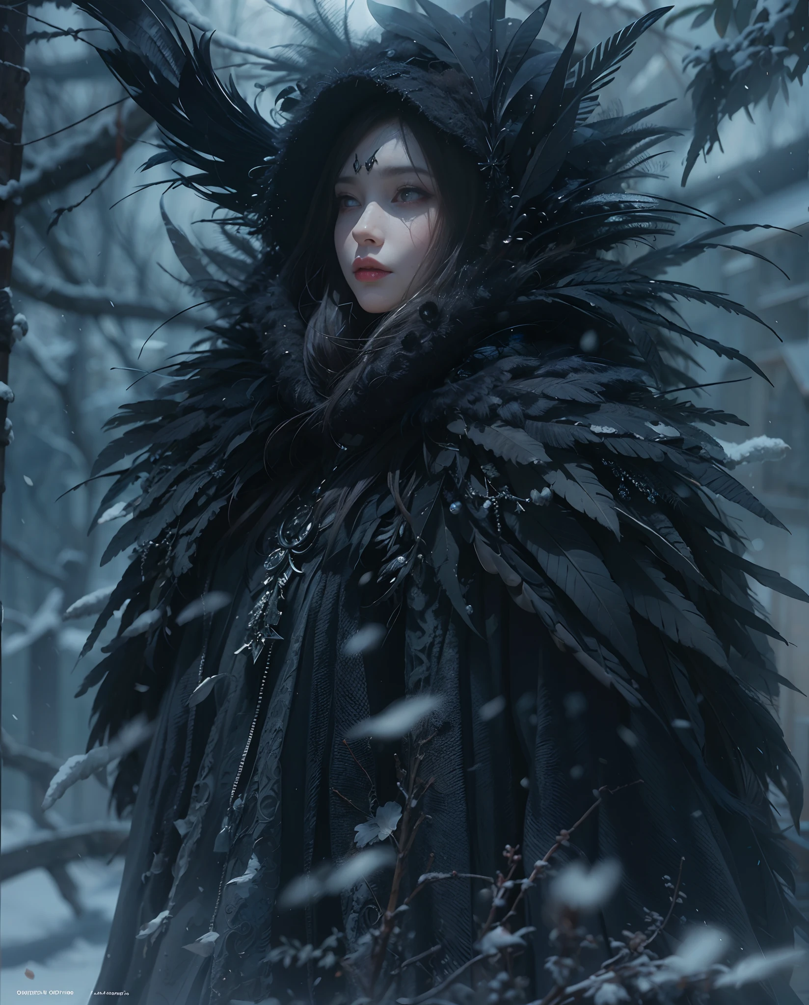 Best quality, masterpiece, meticulous detail, intricate detail, realistic, full body, a mystical winter lady with black feathers cloak in halloween, horror, dark fantasy, cinematic