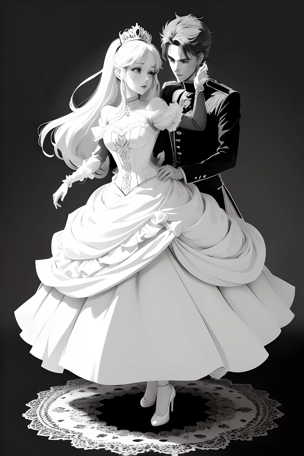 White, Sketch style, anime, basic, a princess in a ball gown dancing with a prince. cute, coloring book, vector, white background, outline, with images neatly contained within the background, just black and white color, full body, no color, basic, printable