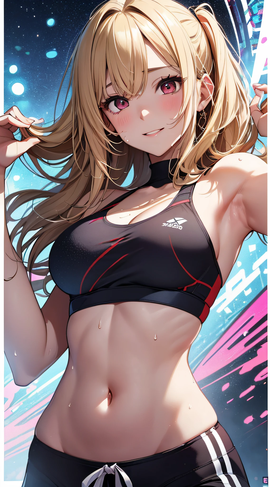 top-quality、Top image quality、​masterpiece、girl with((18year old、Blue Sports Bra、Blue sports pants、Best Bust、Bust 90、Blonde shortcuts、Red Eyes、open chest wide、Valley、Happiness、A slender、ssmile,Hot Yoga、Sweating、Splattering sweat)）hiquality、Beautiful Art、Background with((nightclubs))、masutepiece、Elaborate design、visualart、