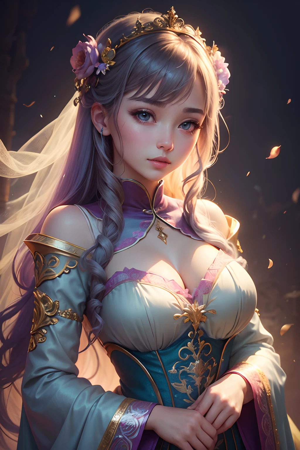 Stable Diffusion prompt:
starlight princess, medium:illustration, beautiful detailed eyes, beautiful detailed lips, extremely detailed eyes and face, long eyelashes, 1girl, chinese style costume, magical background, vibrant colors, HDR, studio lighting, ethereal atmosphere. (best quality, 4k, highres, masterpiece:1.2), ultra-detailed, (realistic, photorealistic:1.37), dreamy style, soft pastel tones, enchanting lighting.