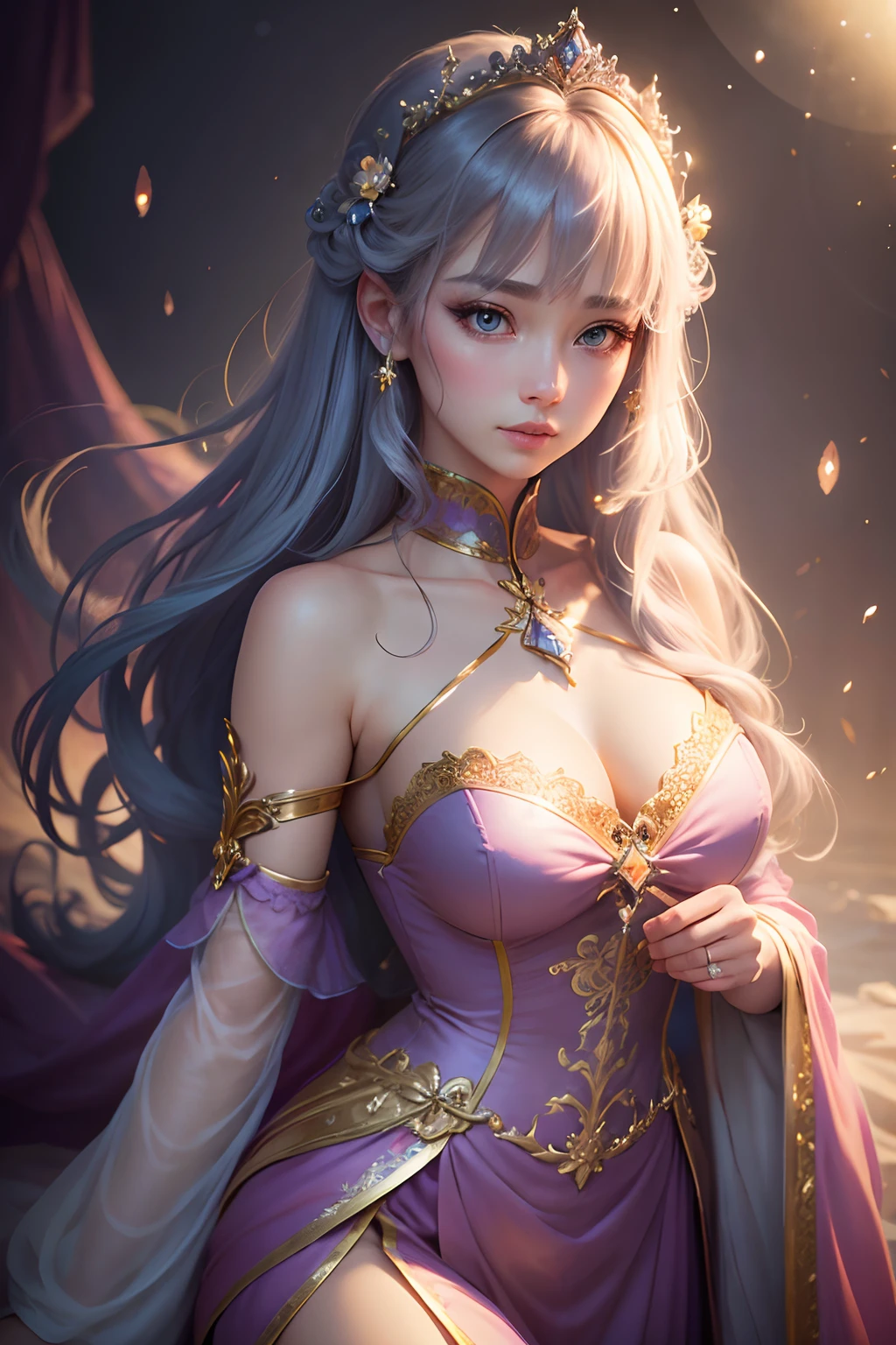 Stable Diffusion prompt:
starlight princess, medium:illustration, beautiful detailed eyes, beautiful detailed lips, extremely detailed eyes and face, long eyelashes, 1girl, chinese style costume, magical background, vibrant colors, HDR, studio lighting, ethereal atmosphere. (best quality, 4k, highres, masterpiece:1.2), ultra-detailed, (realistic, photorealistic:1.37), dreamy style, soft pastel tones, enchanting lighting.
