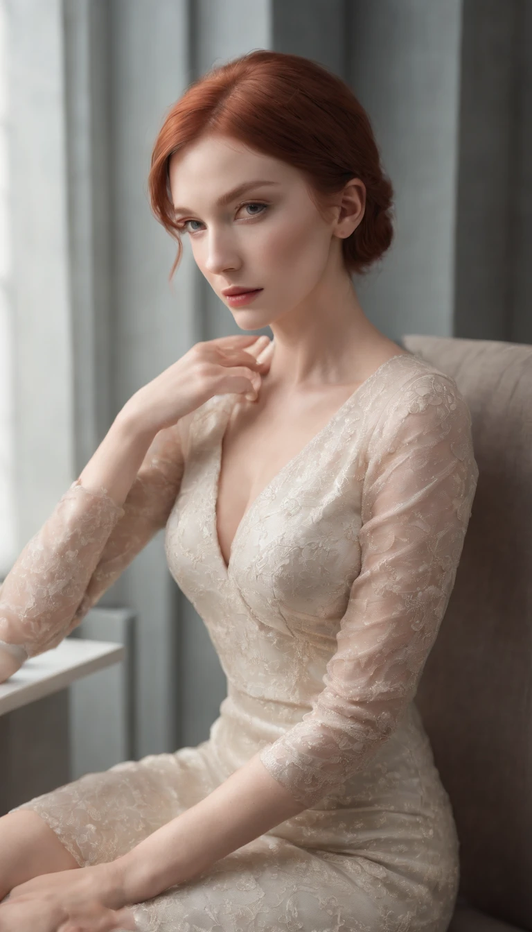 (redhair), (Short haircut),Detailed skin texture, (blush:0.2), (Goosebumps:0.3), (Elegant dress), Subsurface scattering, Photorealistic, hyper realisitic, hyperdetails, analog style, hip cocked, demure, Detailed skin, Matte skin, Soft lighting, Subsurface scattering, Realistic, heavy shadow, masutepiece, Best Quality, A hyper-realistic, 8K, Golden ratio, Convoluted, high detailing, film photography, ((hips up high)), Seductive secretary, Office