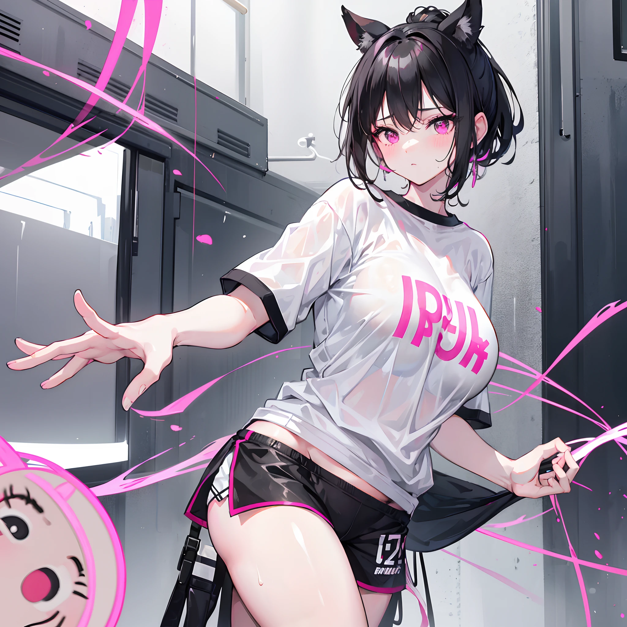 Short black hair ponytail,Pink eyes,Loving pupils,girl,huge tit,White sports shorts,white short sleeve,Clothes drenched in sweat,Stand a word horse,