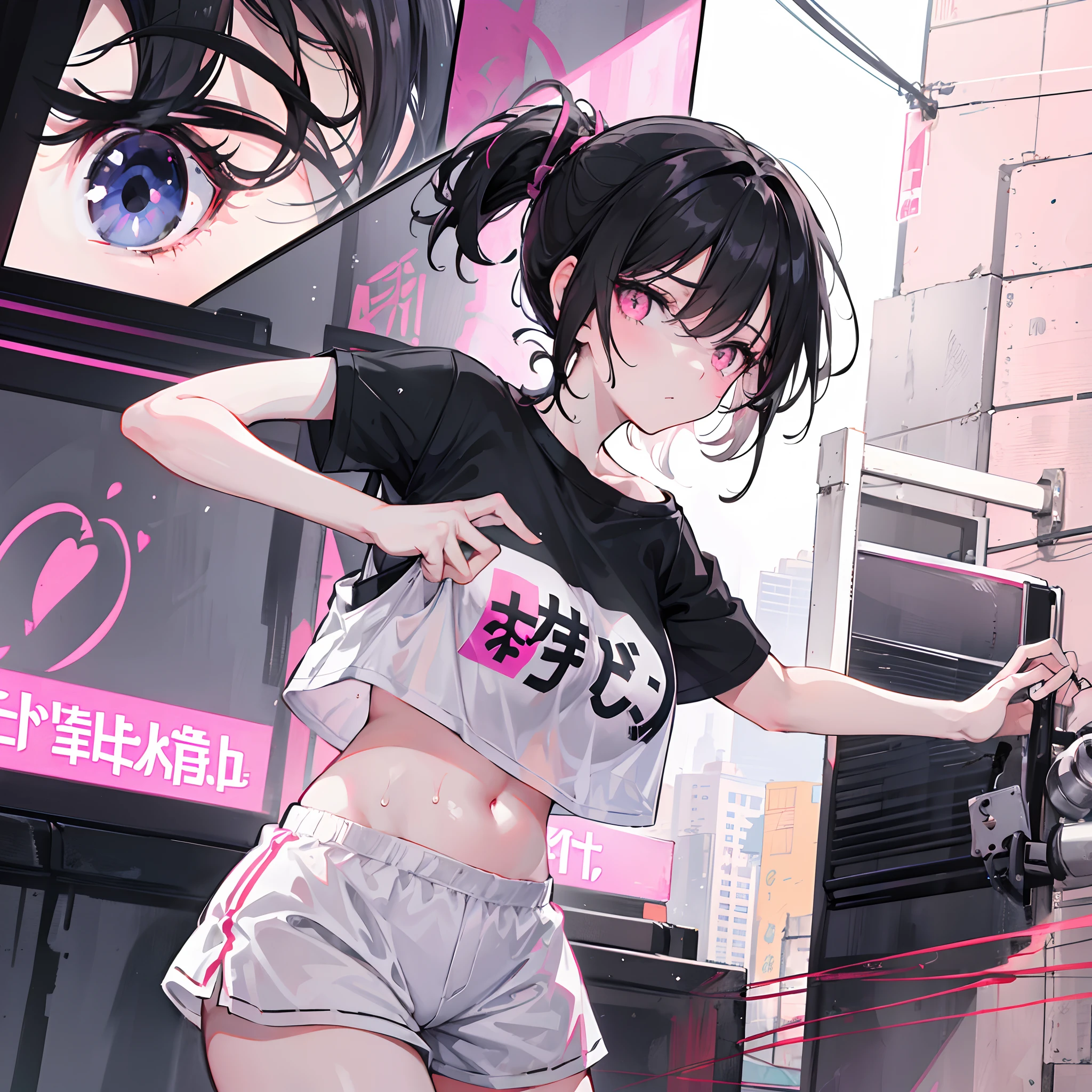 Short black hair ponytail，Pink eyes，Loving pupils，girl，huge tit，White sports shorts，white short sleeve，Clothes drenched in sweat，Stand a word horse，
