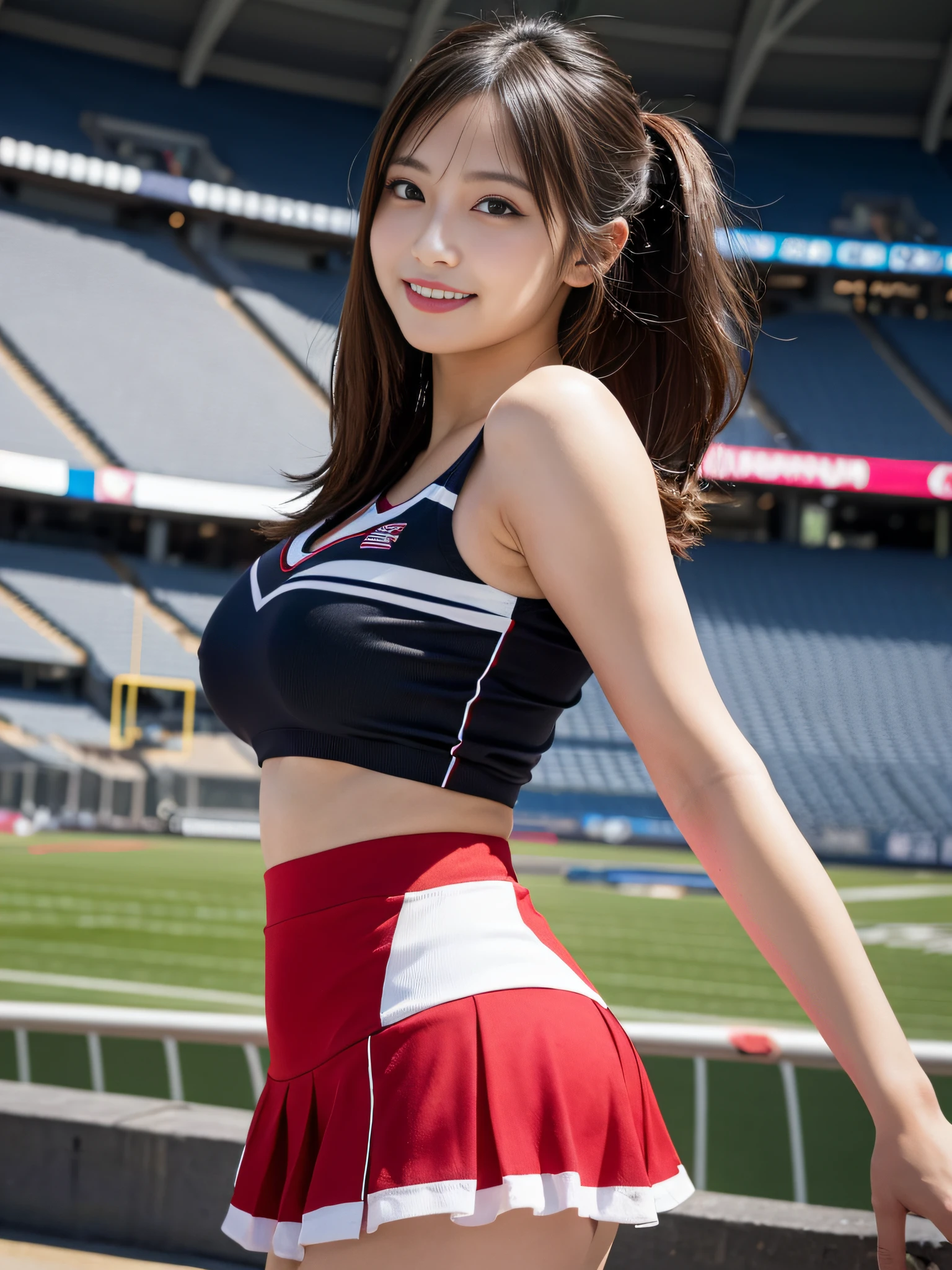 (((Sleeveless cheerleader Costume))),(((holding a pom-poms))),(((Skirt lift:1.5))),(((cleavage cutout))),(((outstretched arms))),(((bare inner thigh))),(((bare sport panty))),ulzzang-6500-v1.1, (Raw photo:1.2), (Photo realistic:1.4), a beautiful detailed girl, extremely detailed eye and face, beautiful detailed eyes, ultra-detailed, High resolution, top-quality, ​masterpiece, highly detailed, 8k wallpaper, Wonderful, finely detail, top-quality, Light on the face,电影灯光,1girl in,(Taoyuan International Baseball Stadium in Taiwan),Beautiful eyes,smile,Opening Mouth