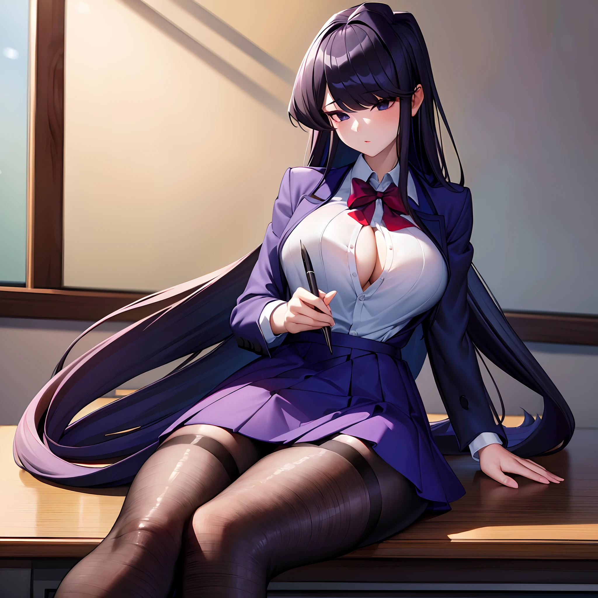 Masterpiece, best quality, highres, highly detailed, 1 girl, long hair, black hair, lavender eyes, large breast, unbottened dark blue blazer, unbottened white shirt, black bra, red skirt, black stocking, inside classroom, sitting on top the table, book, pen, ruler, looking at viewers,