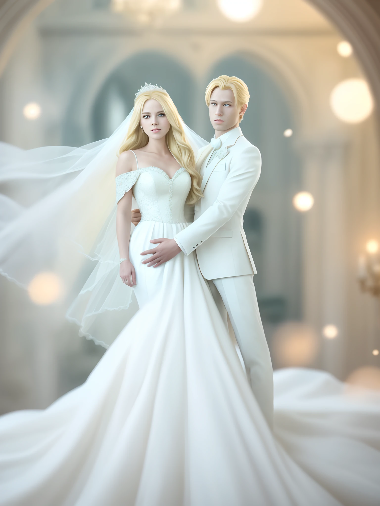 The blonde prince and the blonde princess are married, Man in white suit, Woman in white wedding dress, The White Carriage, A Magical Dream, Magical atmosphere, Physical rendering of a photo, Light on the face, Cinematic lighting, Photo by CRU, 8K UHD, Film grain