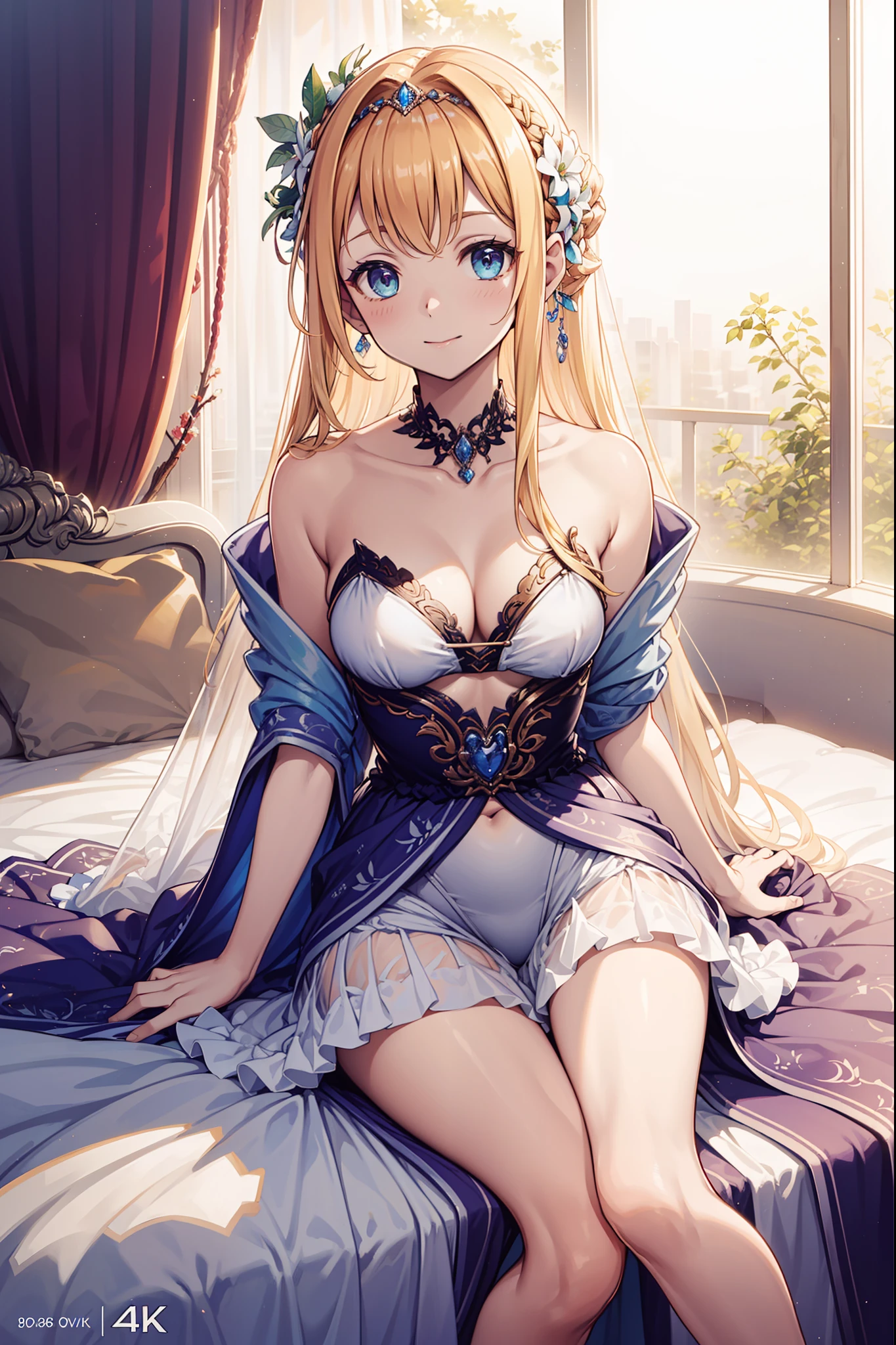 (Best quality,4K,8K,A high resolution,Masterpiece:1.2),s girl,Enchanted,having fun,Being in love,Light princess dress,blond hairbl,Sky Blue Eye,Deep purple swimsuit,A small amount of pale lake green cloth,A small amount of transparent white cloth,A small amount of lace,A small number of folds,see-through transparent clothes,exquisite costumes,Gorgeous bedroom with bed,solo person,the night