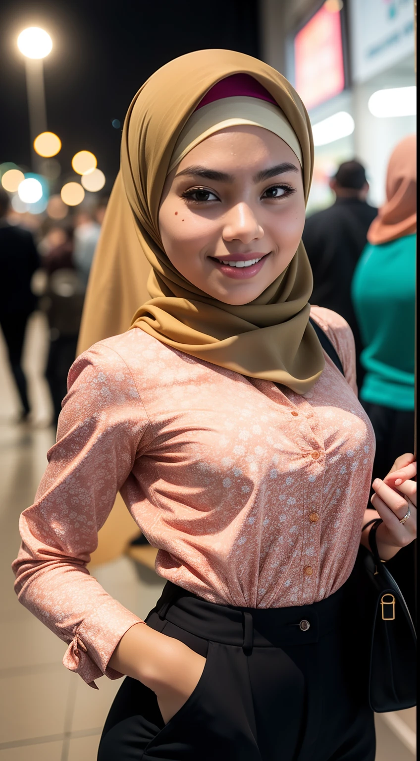 Malay girl in hijab, wear small floral pastel color shirt and High Waist Plicated Detail Suit Pants , laughing and posing with both hand on top of her head, wear backpack, front view, hijab blown, windy, detail skin, age spot, detail skin texture, mole below eyes, small breast, flat chest, wide hips, small waists, thick thighs, slim abs, beautiful body, nighttime, laughing, happy, bright lighting, college student in background, crowded cafe, blur background, bokeh, camel toe,