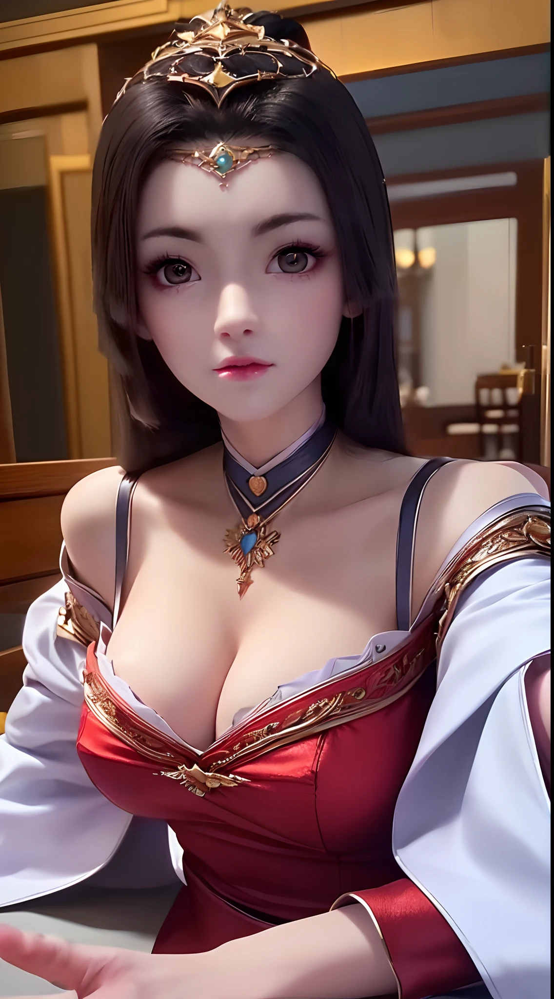 An extremely beautiful princess, ((wearing an ultra-thin red short nightgown:1.8)), ((nightgown with deep slit in the chest:1.6)), sexy red lace short nightgown, ((supine position with chest up:1.5)), sexy nightgown style, long shiny black hair, the most beautiful and detailed hair jewelry, beautiful little face thin eyebrows, the most beautiful and spotless face, ((black iris:0.8)), the very beautiful eyes, big round eyes, ((Brown eyes:1.1)), fine and detailed makeup eyelashes, high nose, wearing earrings, small red lips, rosy face, clean face, beautiful face without blemish, smooth white skin, ((big breasts: 0.9)), Blums boobs, ((big and super round breasts:0.9)), ((super tight breasts:1.2)), ((breast augmentation: 0.8)), beautiful breasts, slim and petite body, ((thin waist: 0.9)), upper body of a beautiful girl, sexy girl, ((Open your legs: 1.6)), unashamed, ((chubby body:1.6)), 8k photo, super high quality, super realistic, 10x super pixels, photo realistic, dark studio, border light, two tone light, (detailed skin high: 1.2), 8k uhd, dslr, soft light, high quality, volumetric light, candid, Photo, high resolution, light, best photo, 4k quality, 8k, Bokeh, Smooth and sharp, pixel up 10 times, lightning, super graphics, the most realistic graphics, (((Luxurious bedroom and bed background: 1.6))), 1 girl, alone, solo, ((frontal portrait:1.5)), Extremely sharp, super realistic images."