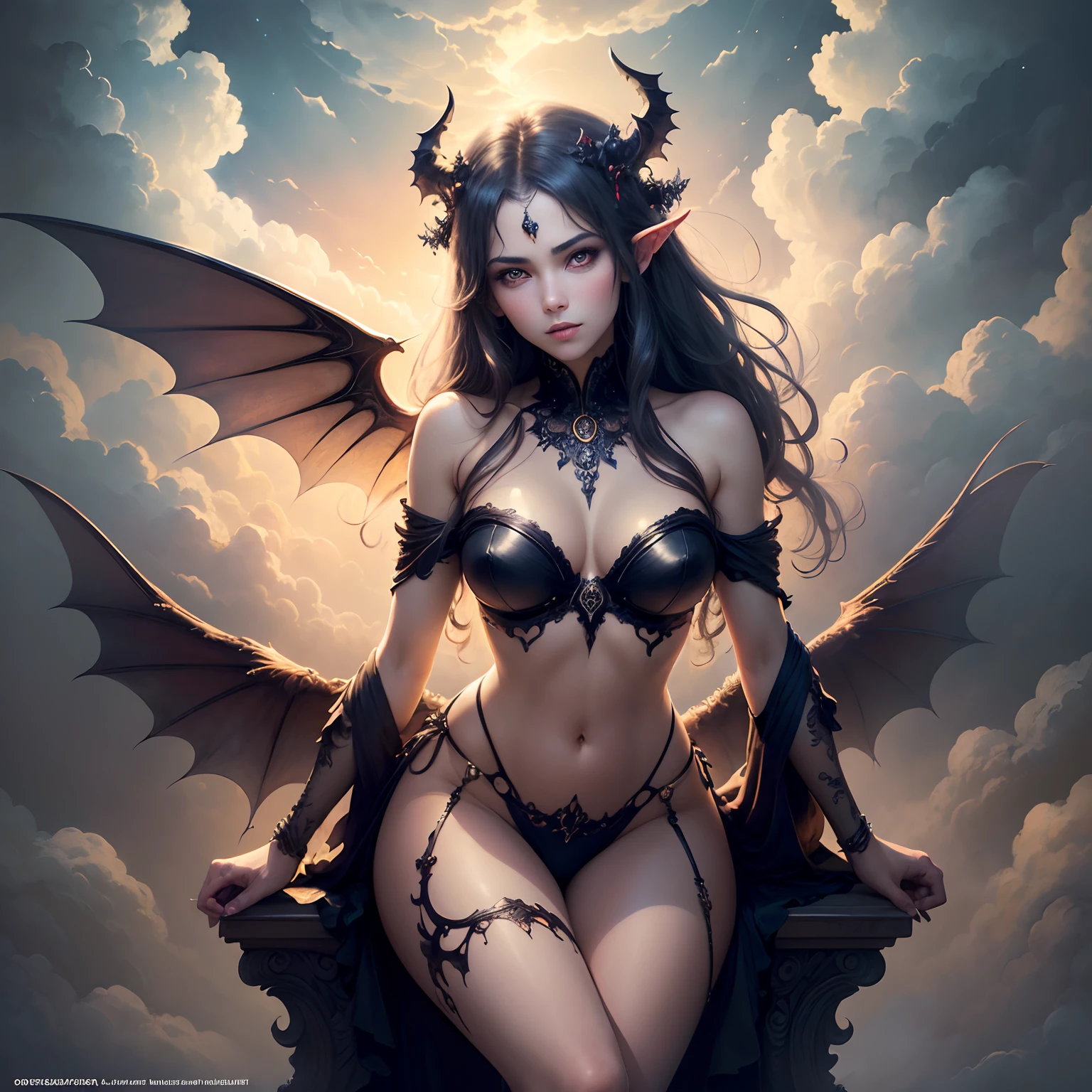 ((best quality)), ((masterpiece)), (detailed), alluring succubus, ethereal beauty, perched on a cloud, (fantasy illustration:1.3), enchanting gaze, captivating pose, delicate wings, otherworldly charm, mystical sky, (Luis Royo:1.2), (Yoshitaka Amano:1.1), moonlit night, soft colors, (detailed cloudscape:1.3), (high-resolution:1.2)