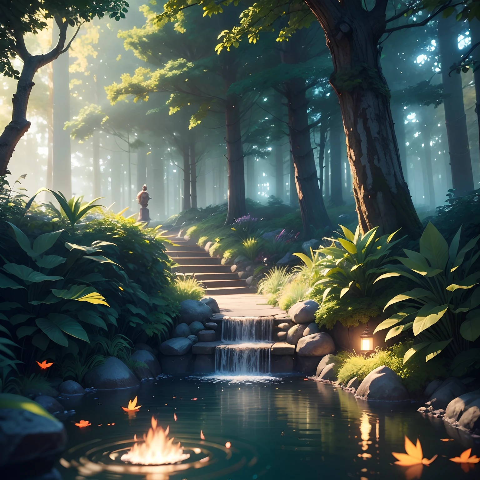 masutepiece, Best Quality, (Very detailed CG Unity 8K wallpaper), (Best Quality), (Best Illustration), (Best Shadows), Glow Sprite, SHINES , In the pool drinking water, Natural elements with a forest theme. mystical forest, beautiful forest, Nature, Surrounded by flowers, Delicate leaves and branches surrounded by fireflies (Natural elements), (Jungle theme), (Leaves), (Twigs), (fireflys), (particles effect) etc. 。.3D , Octane Rendering, Ray tracing, super detailed