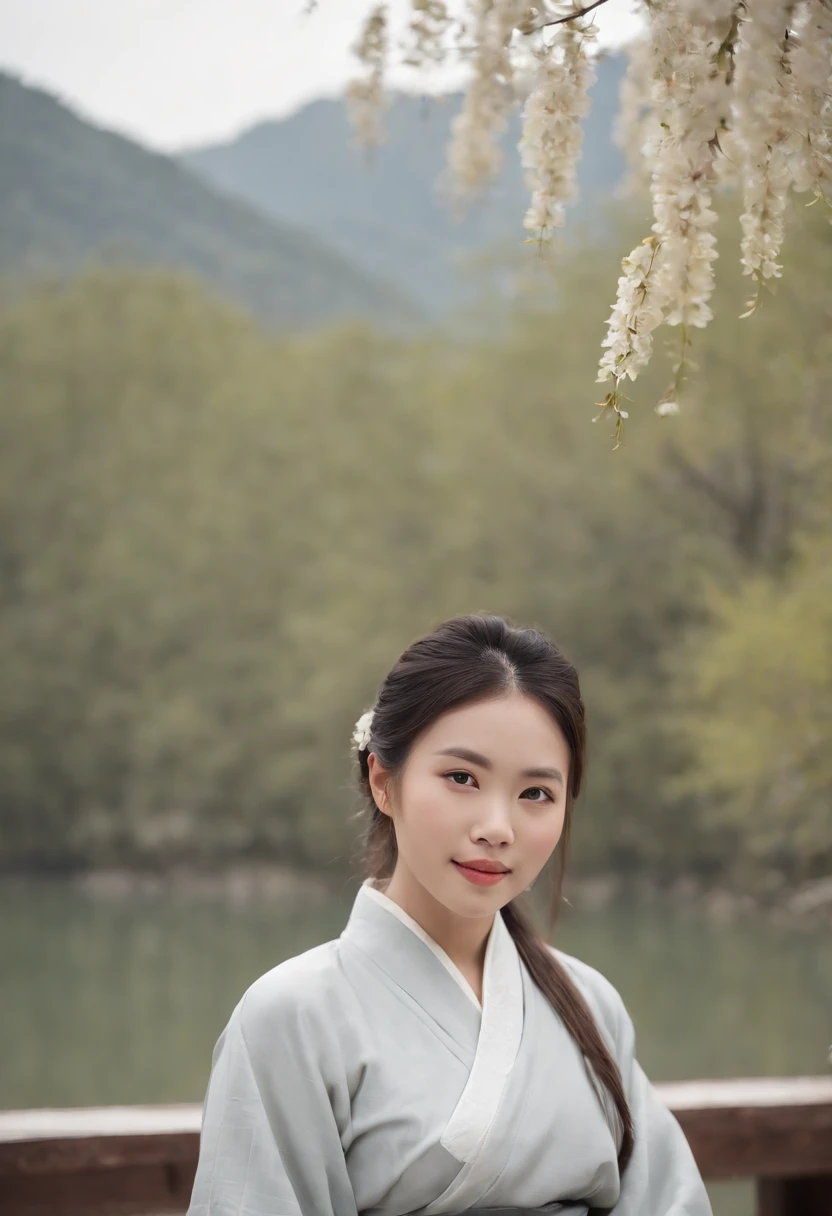 shukezouma, Negative space, , shuimobysim , Portrait of a woman standing , Willow branches, (Masterpiece, Best quality:1.2), Traditional Chinese Ink Painting, (Traditional Chinese painting), monochrome, ModelShoot style, Peaceful, (Smile), view the viewer, wearing long hanfu, Hanfu, Song, Willow tree in background, wuchangshuo, Distant mountains, Small lake, gazebo, Lonely boats,