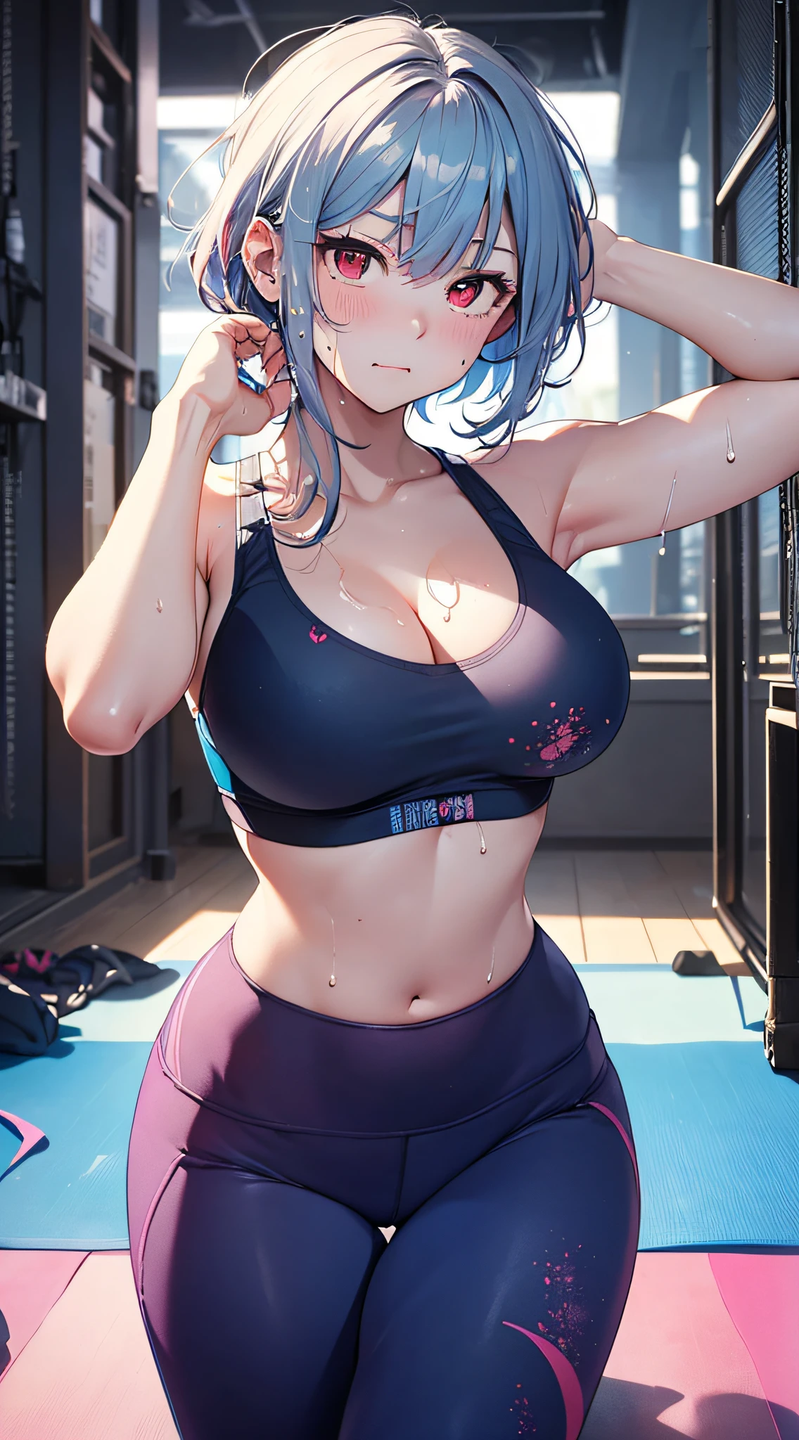 top-quality、Top image quality、masterpiece、girl with((18year old、Blue Sports Bra、Blue sports pants、Best Bust、Bust 90、bionde、short-cut、Red Eyes、open chest wide、Valley、Happiness、A slender、Serious face,yogapose、Sweating、Splattering sweat))hiquality、Beautiful Art、Background with((nightclubs、Yoga Classes、yoga mats))、masutepiece、Elaborate design、visualart、