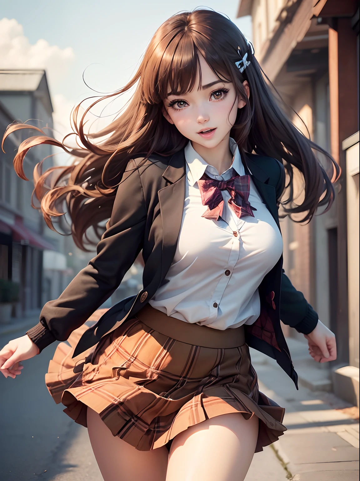 ((masutepiece, Best Quality, hight resolution, nffsw, Perfect Pixel, depth of fields, 4K, nffsw, nffsw))), 1girl in, Single, Solo, Beautiful anime girl, Beautiful Art Style, Anime Character, ((Long hair, Bangs, Brown hair, Simple hairpin)), ((Green eyes:1.4, rounded eyes, Beautiful eyelashes, Realistic eyes)), ((Detailed face, Blushing:1.2)), ((Smooth texture:0.75, Realistic texture:0.65, Photorealistic:1.1, Anime CG style)), large full breasts, Dynamic Angle, Perfect body, ((Portrait, POV)), ((red bowtie, School uniform, Black jacket, Open jacket, Brown cardigan, White shirt, Black skirt, plaid skirts)), Smile, Open mouth, Shrimp warping jump, Skirt flipping in the wind, Pink sheer bra, Pink Panties, Panchira, Low angle shooting, Big jump with knee bend