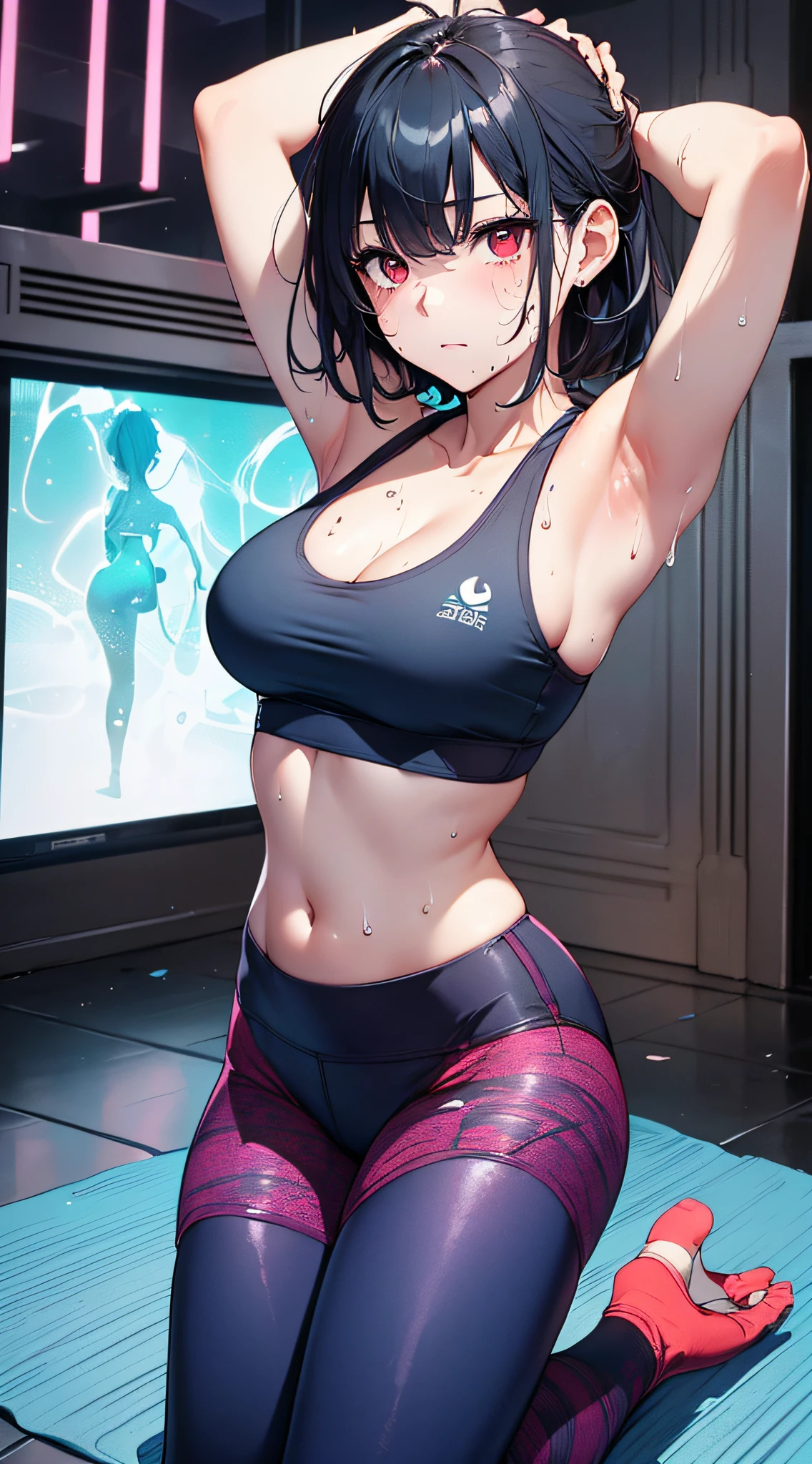 top-quality、Top image quality、​masterpiece、girl with((18year old、Blue Sports Bra、Blue sports pants、Best Bust、Bust 90、bionde、short-cut、Red Eyes、open chest wide、Valley、Happiness、A slender、Serious face,yogapose、Sweating、Splattering sweat)）hiquality、Beautiful Art、Background with((nightclubs、Yoga Classes、yoga mats))、masutepiece、Elaborate design、visualart、