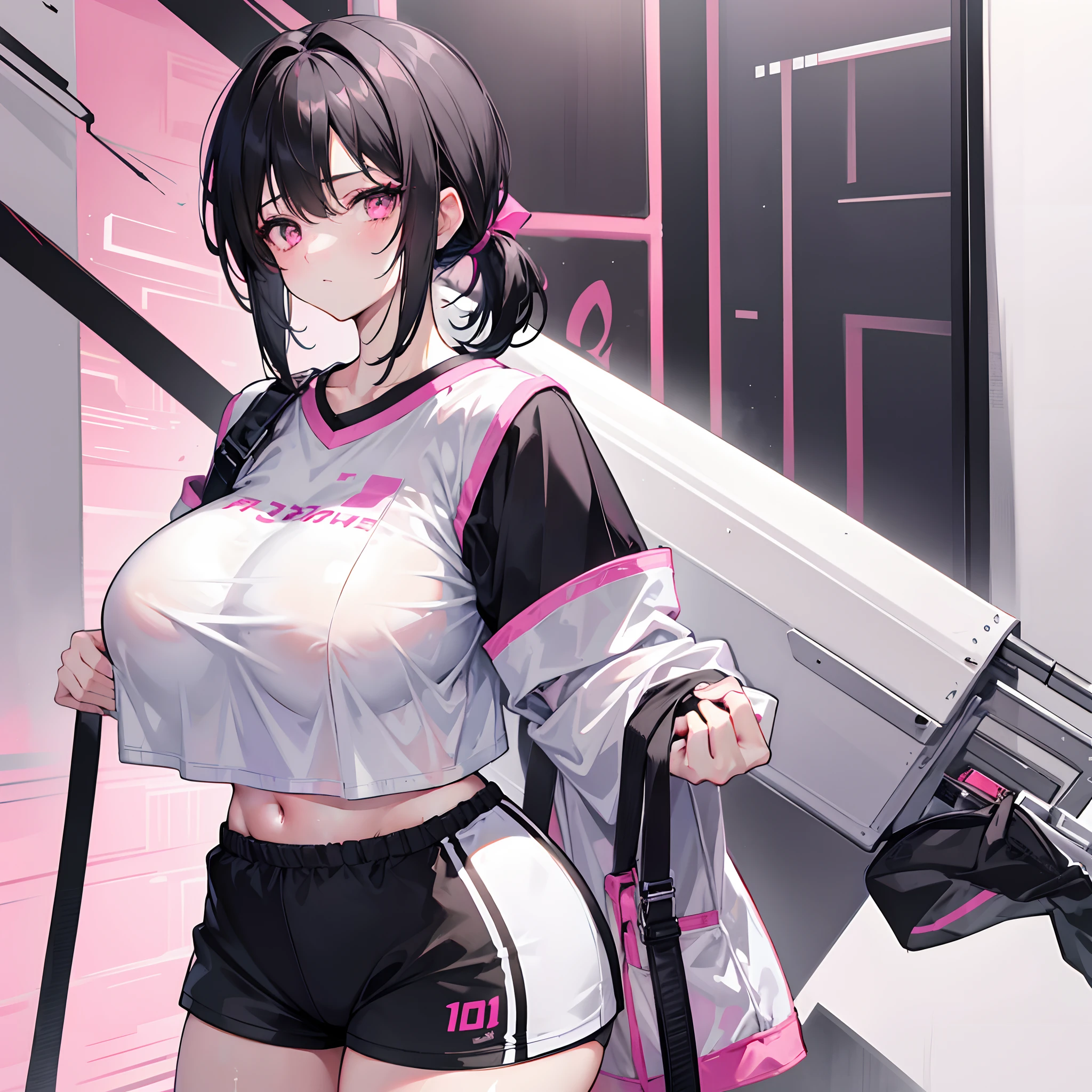 Short black hair ponytail,Pink eyes,Loving pupils,girl,huge tit,White sports shorts,white short sleeve,Clothes drenched in sweat,Stand a word horse,