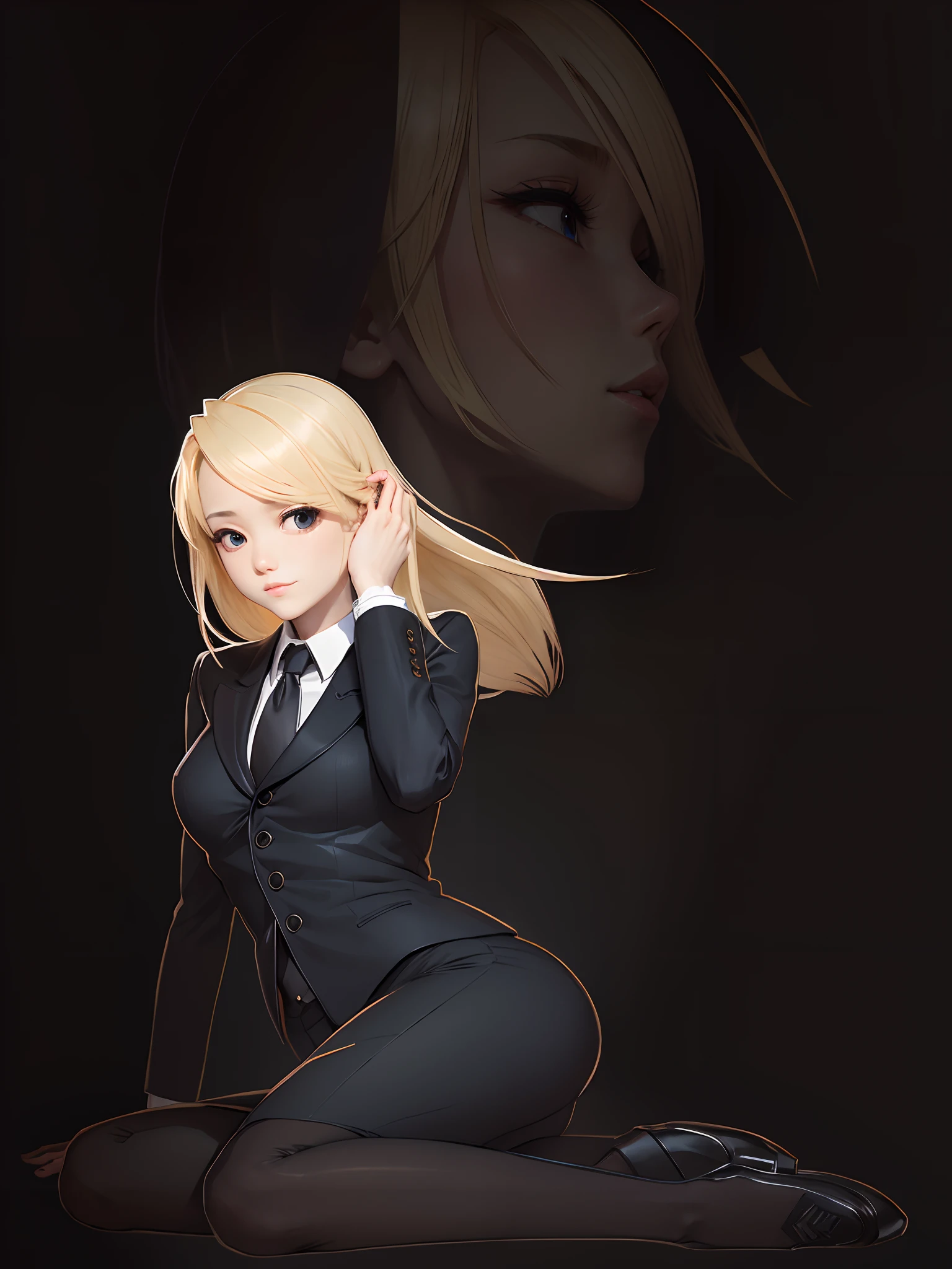 a blond、black suits、Suime