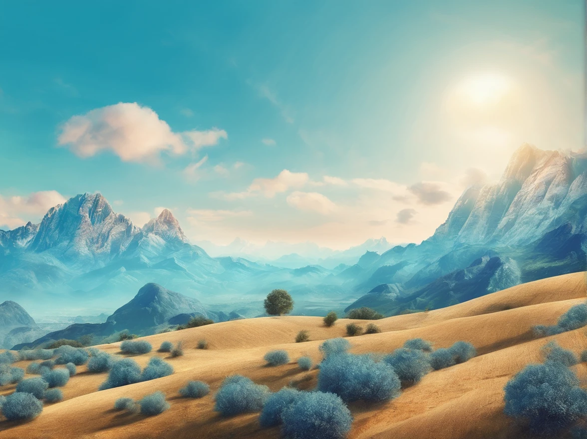 Blue sky theme, beautiful landscape, light blue base, fantastic, blurred, beautiful image,