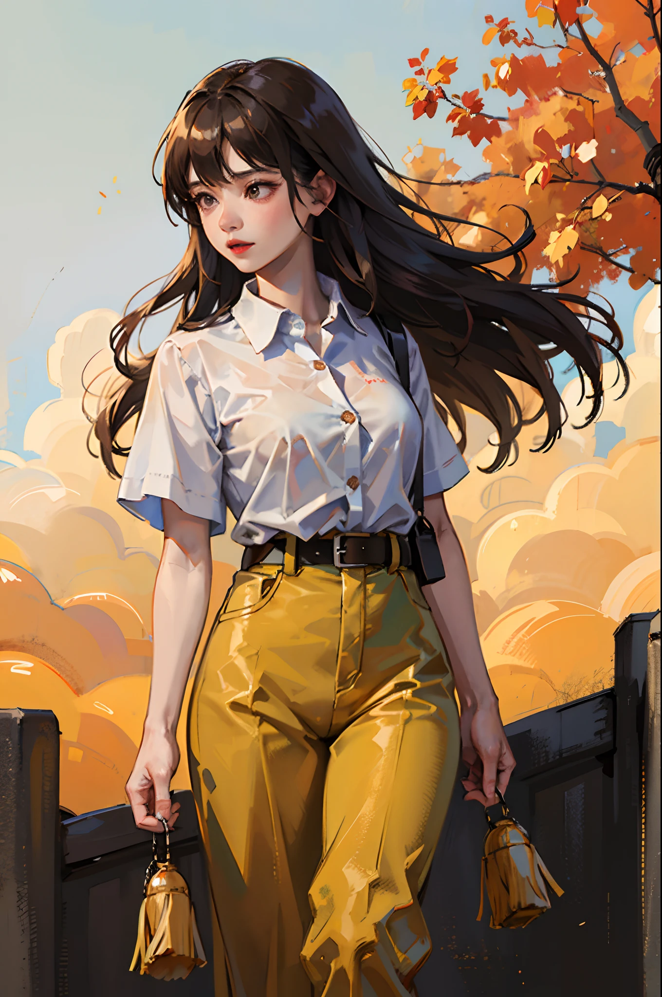 Asian woman with long brown hair and white shirt, Skin white campus quadratic