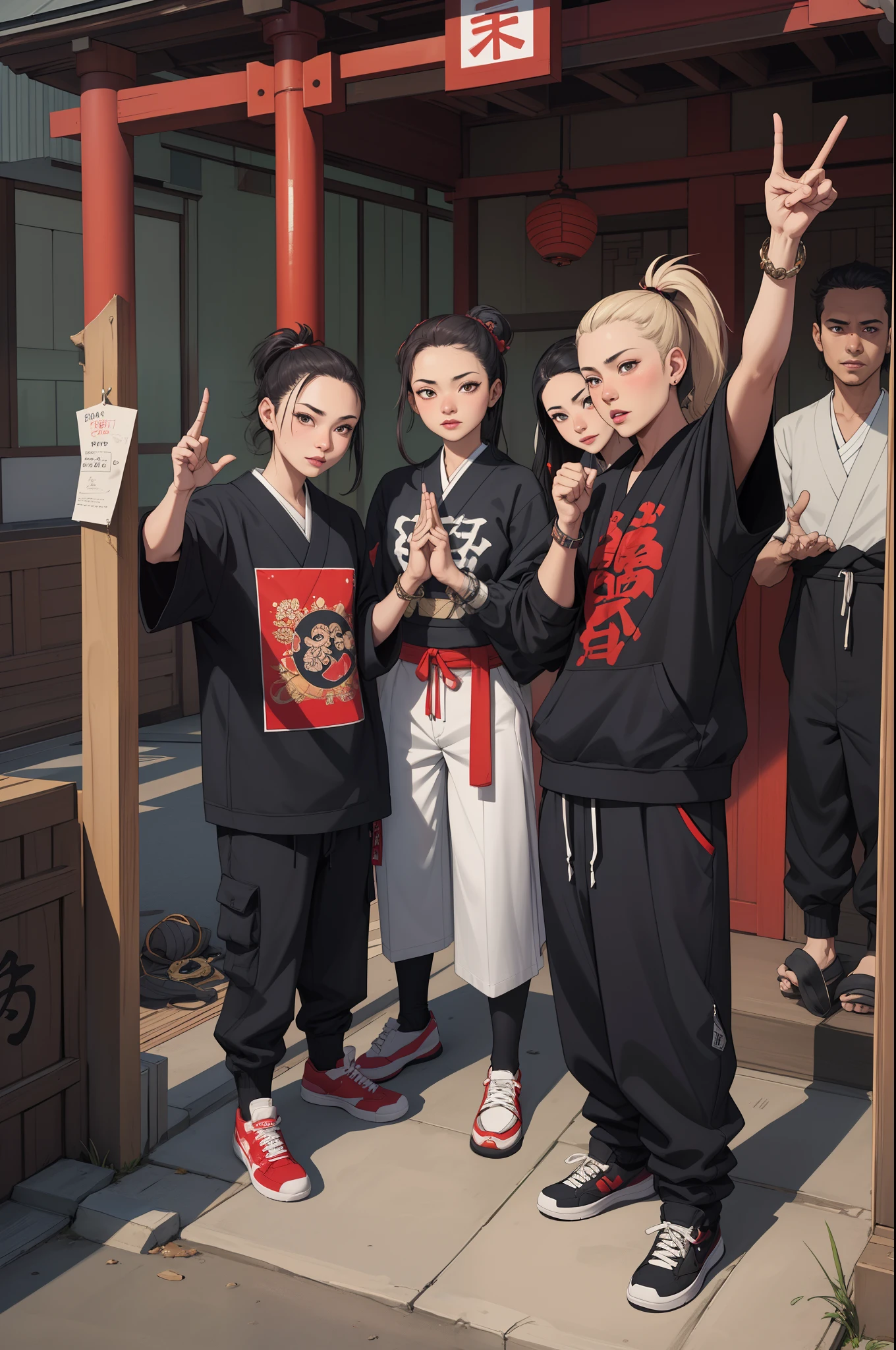 family portraits badass selfies of traditional female japanese geshia gangs females gang members mob syndicates gang baggy sagging trap sumpreme streetwear at a japane shrine raisng hands gang signs ofensive V signs