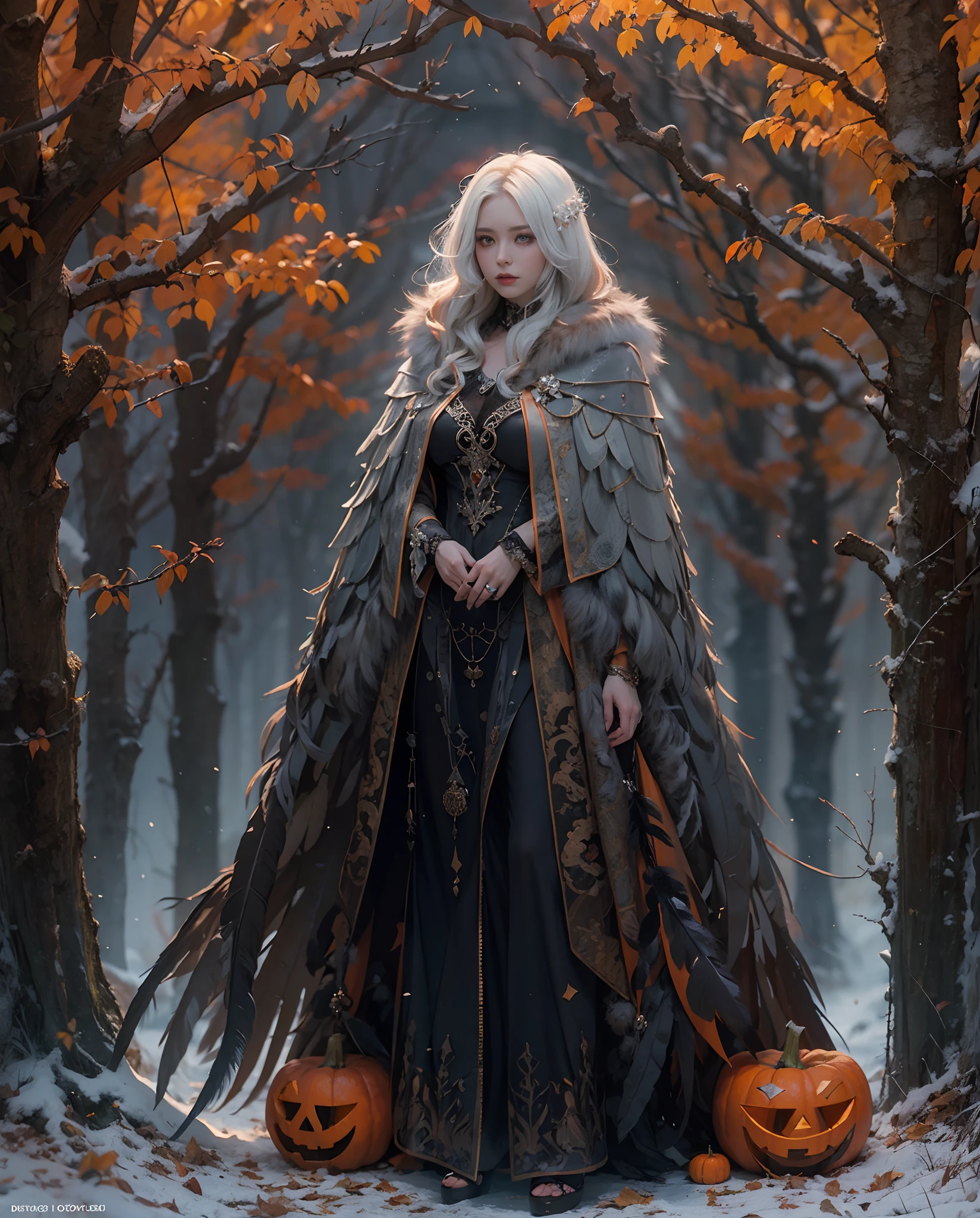 Best quality, masterpiece, meticulous detail, intricate detail, realistic, full body, a mystical winter lady with black feathers cloak in halloween, horror, dark fantasy, cinematic light, orange hue