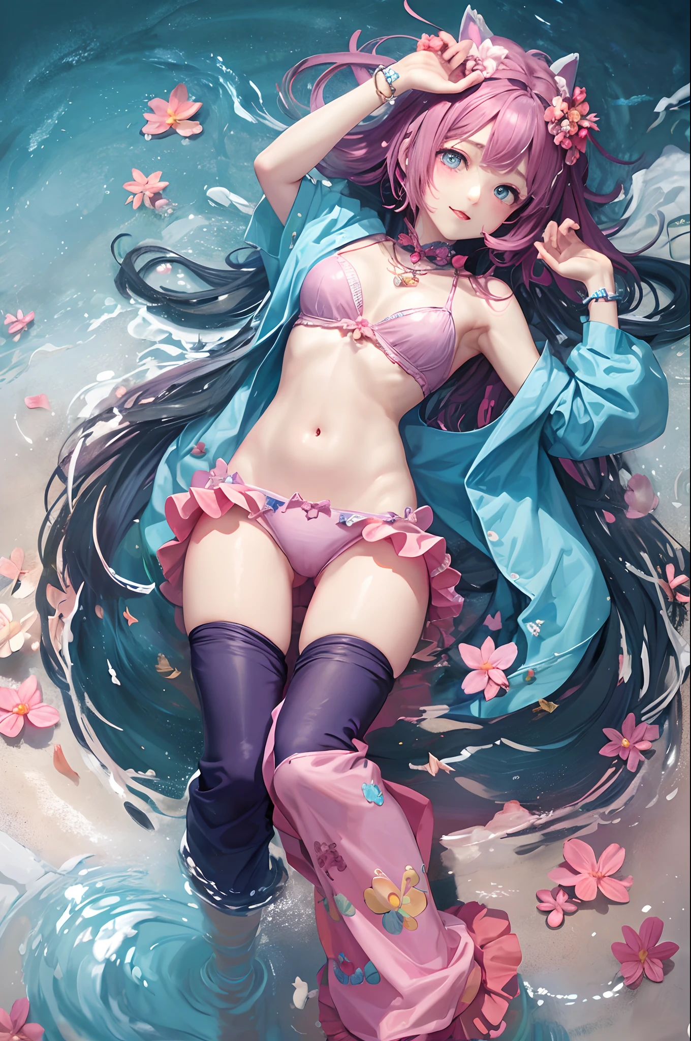 (masterpiece、top-quality、Official art:1.2)、(colourfull)、miku hatsune、see the beholder、1girl in、portlate、独奏、Colorful water levitation、Lying girl、realisticlying、She wears long pants、Wearing pink pajamas、Cute、A sexy、a navel、accessorized、
