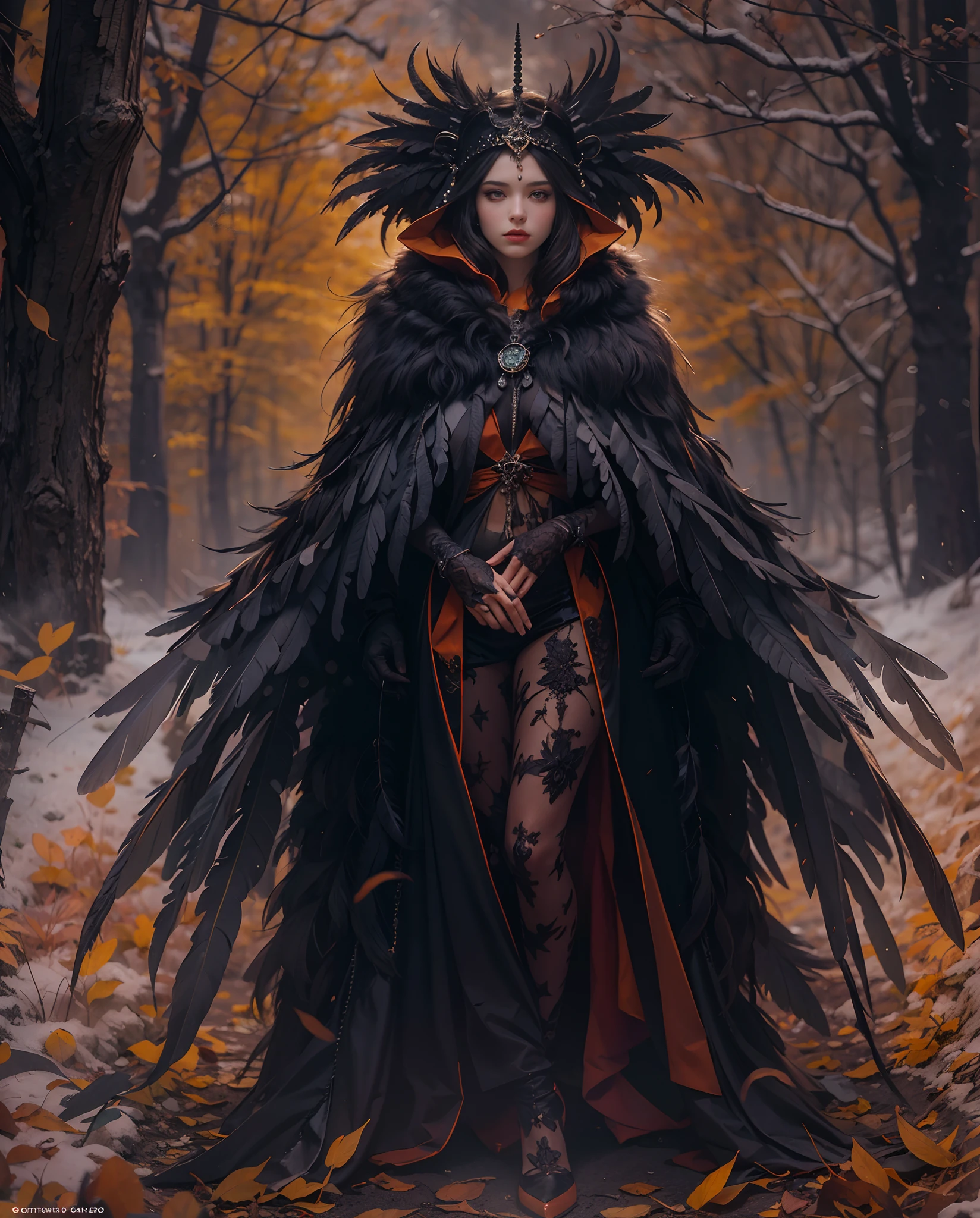 Best quality, masterpiece, meticulous detail, intricate detail, realistic, full body, a mystical winter lady with black feathers cloak in halloween, horror, dark fantasy, cinematic light, orange hue