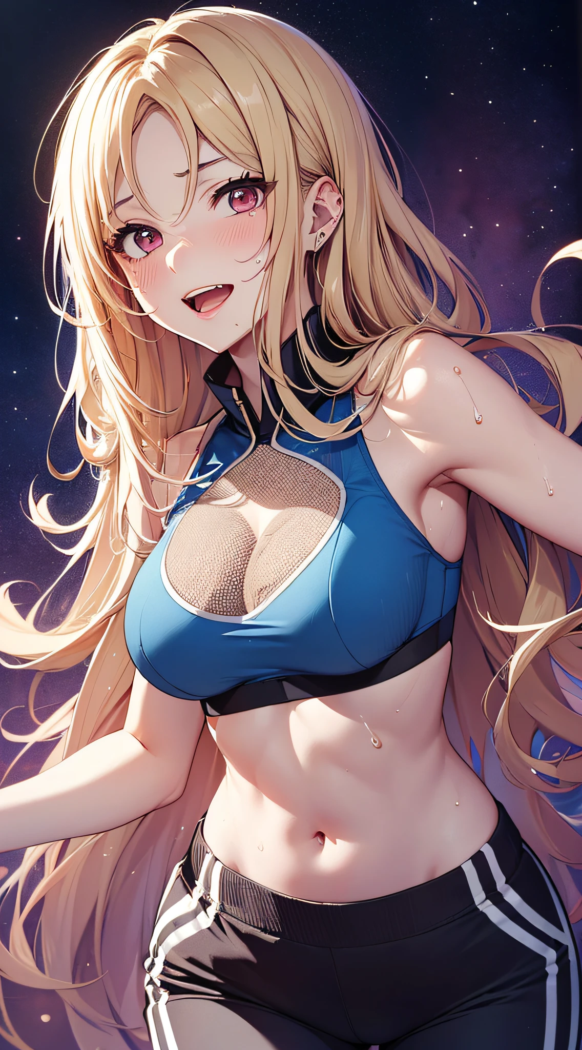 top-quality、Top image quality、masterpiece、girl with((18year old、Blue Sports Bra、Blue sports pants、Best Bust、Bust 90、Blonde longhair、Red Eyes、open chest wide、Valley、Happiness、A slender、ssmile,dance、Sweating、Splattering sweat))hiquality、Beautiful Art、Background with((nightclubs))、masutepiece、Elaborate design、visualart、