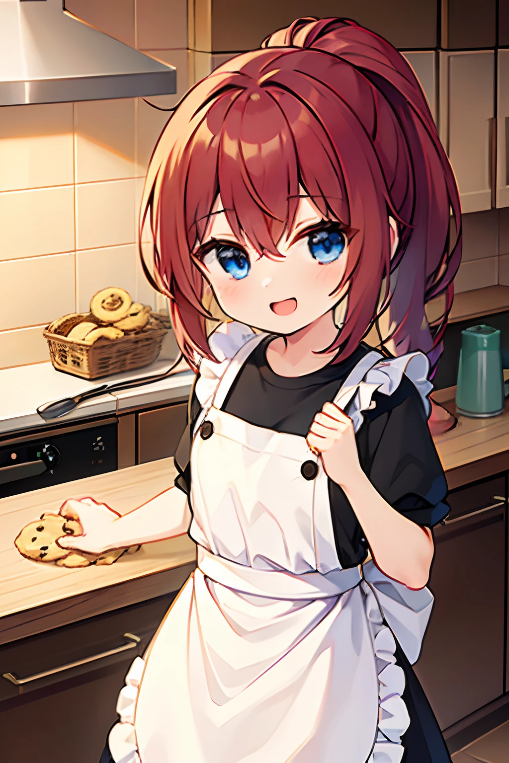 1girl, young girl, masterpiece, high quality, red hair, long hair, straight hair, ponytail, blue eyes, in the kitchen, with oven, (making a cookie), wearing a apron, (wearing a t-shirt), happy