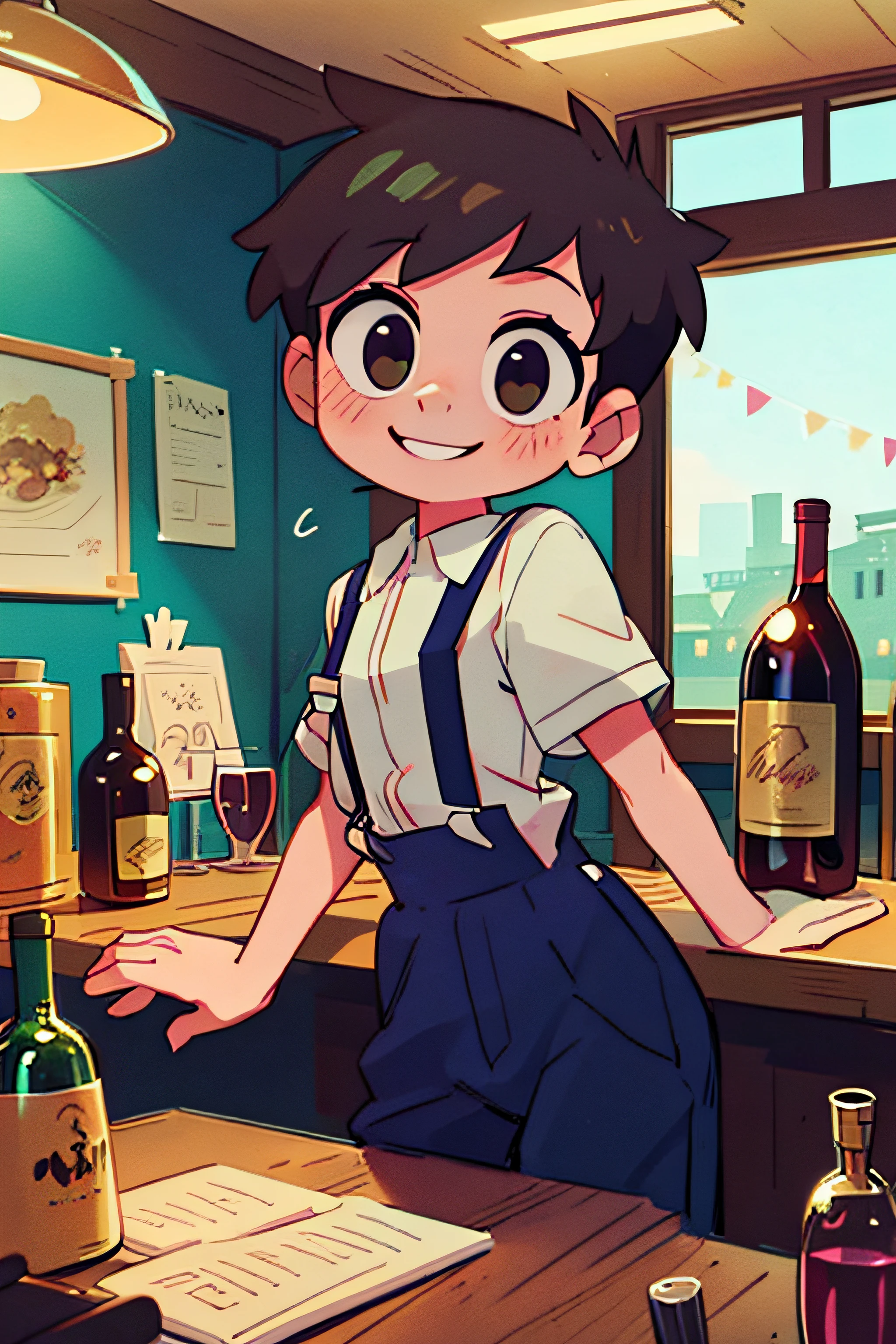 （Best quality at best，tmasterpiece））， A boy with，The customer looked at the girl and smiled，The boy looked at the camera and smiled，The boy wears suspenders，The background is daylight，Indoors，In an English tavern，The boy is a bartender，Boy with wine bottle