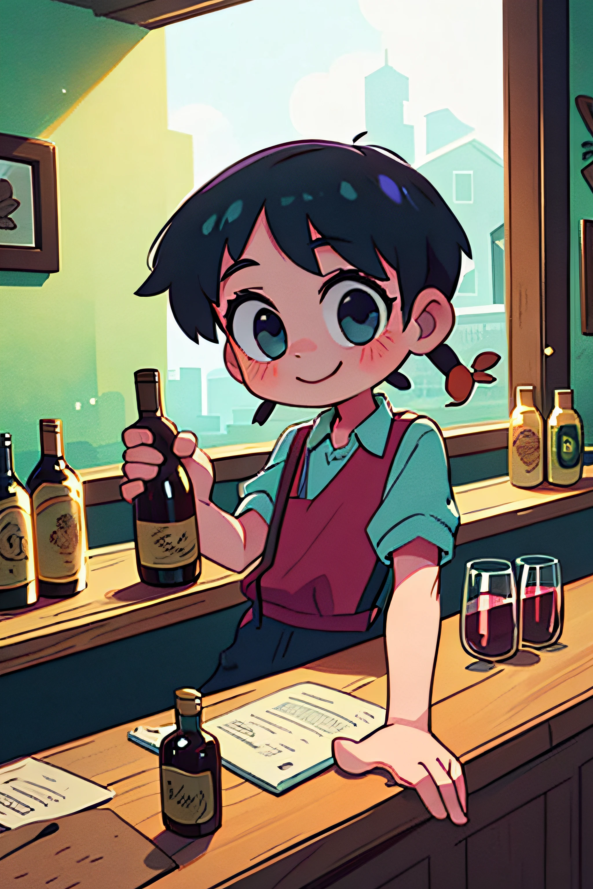 （Best quality at best，tmasterpiece））， A boy with，The customer looked at the girl and smiled，The boy looked at the camera and smiled，The boy wears suspenders，The background is daylight，Indoors，In an English tavern，The boy is a bartender，Boy with wine bottle