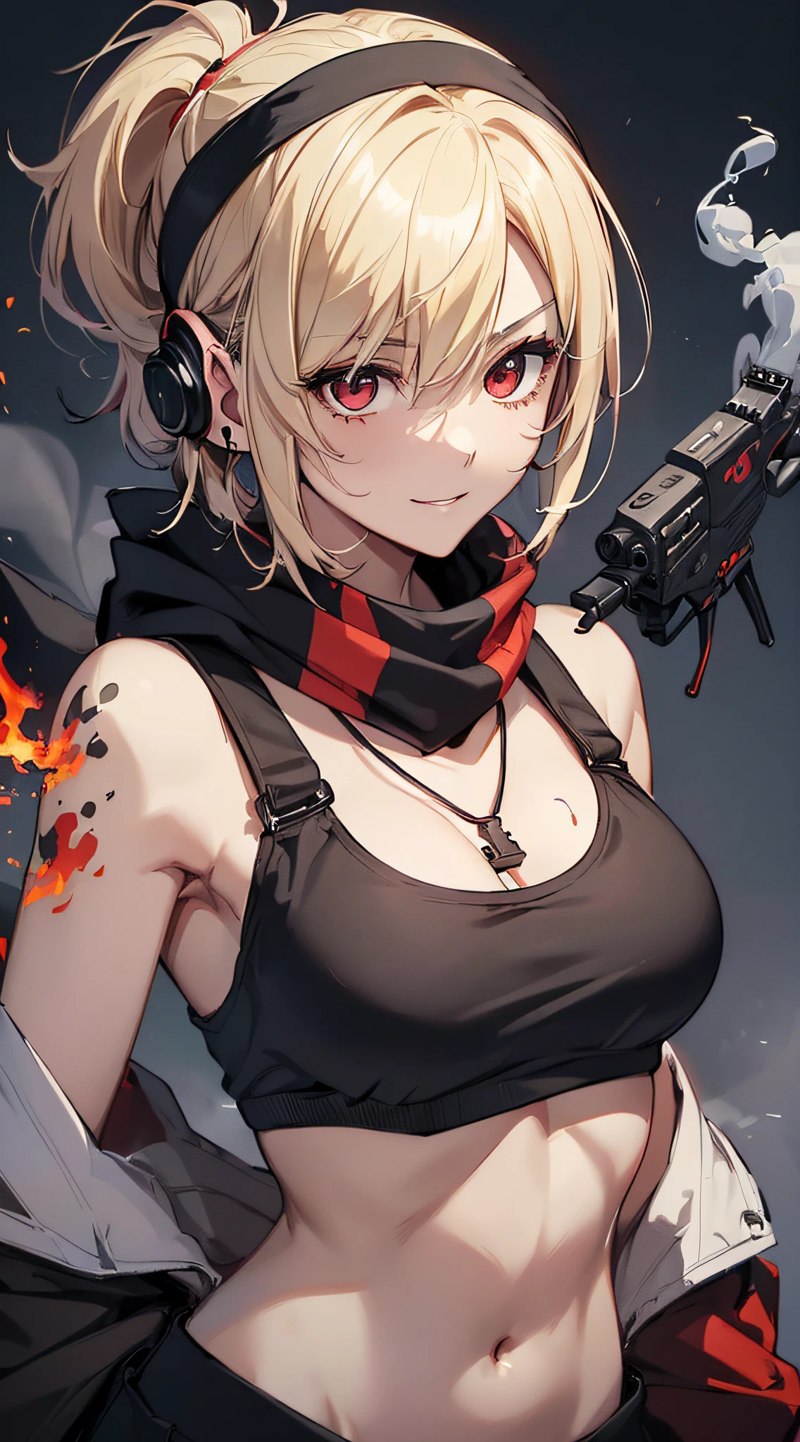 top-quality、Top image quality、masterpiece、girl with((18year old、Blue navel tank top、Military pants、Best Bust、Bust 90、Blonde Away Tail、Red Eyes、open chest wide、Valley、Happiness、A slender、ssmile、black bandana、Holding a revolver in your right hand,Earphone jack in ear、Red Body Paint、Shooter、Black scarf、dog tag))hiquality、Beautiful Art、Background with((Survival Games、Burning smoke、drone))、masutepiece、Elaborate design、visualart、