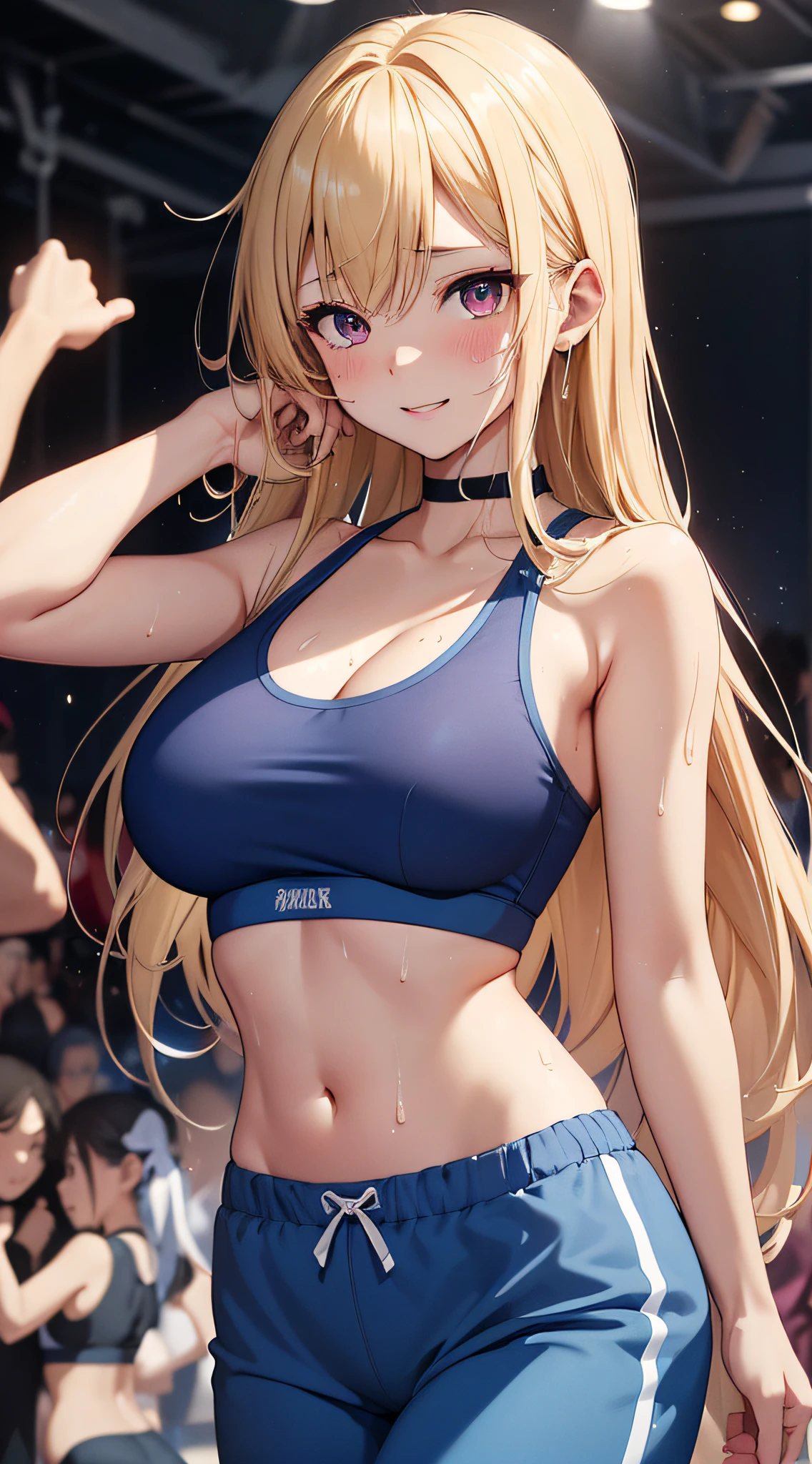 top-quality、Top image quality、masterpiece、girl with((18year old、Blue Sports Bra、Blue sports pants、Best Bust、Bust 90、Blonde longhair、Red Eyes、open chest wide、Valley、Happiness、A slender、ssmile,dance、Sweating、Splattering sweat))hiquality、Beautiful Art、Background with((nightclubs))、masutepiece、Elaborate design、visualart、