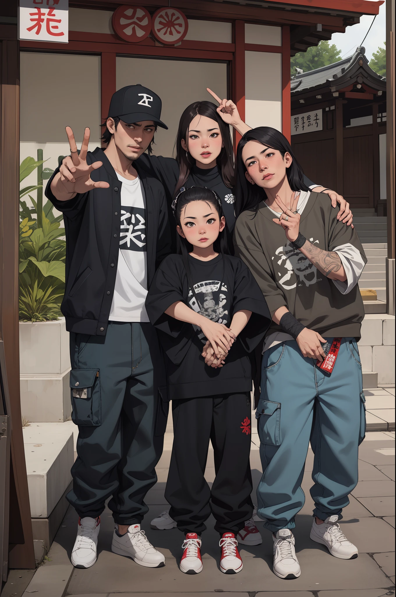 cartel drug dealers family portraits badass selfies of traditional female japanese geshia gangs females gang members mob syndicates gang baggy sagging trap sumpreme streetwear at a japane shrine raisng hands gang signs ofensive V signs