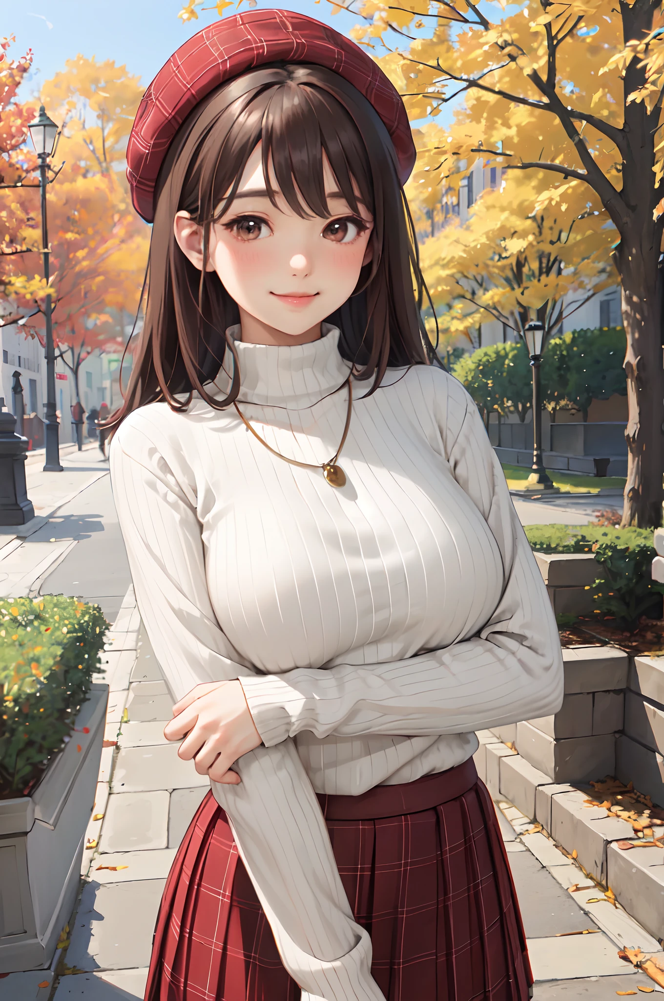 1lady standing, mature female, /(ribbed sweater/) /(red plaid skirt/) beret necklace, /(brown hair/) bangs, blush kind smile, (masterpiece best quality:1.2) delicate illustration ultra-detailed, large breasts, arms down BREAK /(pubric park outdoors/) bricks road, autumn foliage trees, detailed background