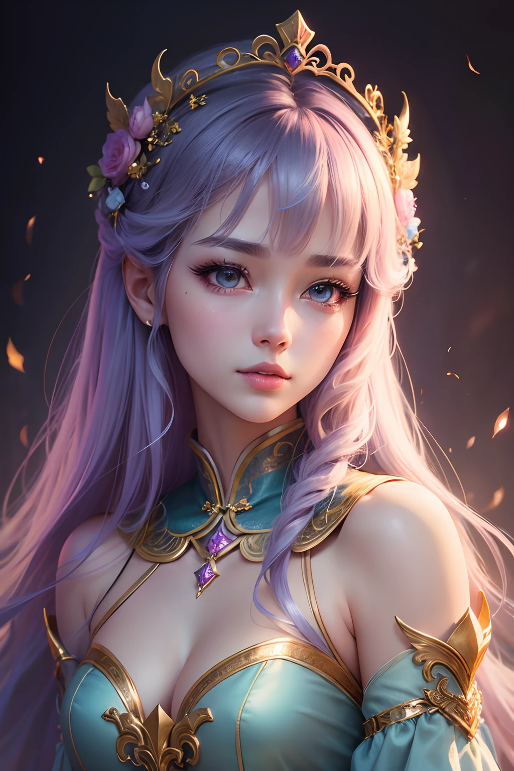 Stable Diffusion prompt:
starlight princess, medium:illustration, beautiful detailed eyes, beautiful detailed lips, extremely detailed eyes and face, long eyelashes, 1girl, chinese style costume, magical background, vibrant colors, HDR, studio lighting, ethereal atmosphere. (best quality, 4k, highres, masterpiece:1.2), ultra-detailed, (realistic, photorealistic:1.37), dreamy style, soft pastel tones, enchanting lighting.