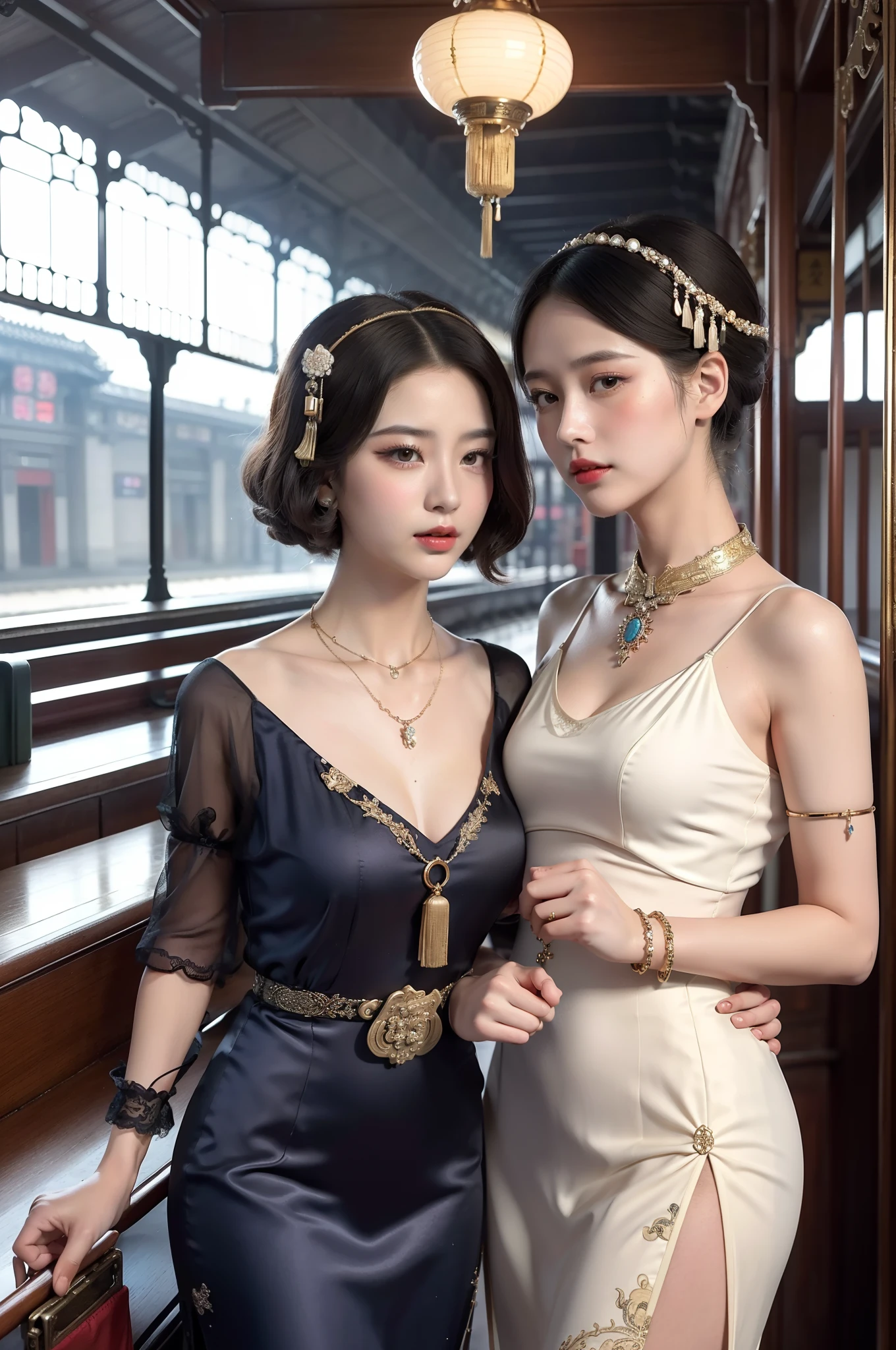 tmasterpiece,RAW photogr,hyper qualit, ultra - detailed,Perfect drawing,Two beautiful girls, Lovers, lesbians,(in the railway station 1920's Shanghai,retro train background:1.6),(Geisha hairstyle,Geisha hairstick:1.6,Geisha hair ornament,armlets, bangle:1.3),Dodge kisses,bauhaus, bulgari, official valentino editorial,half-open lips, Suck your lips firmly, Drooling, elegant, Brilliant, Beautiful, Blush (0.2), Gorgeous, Beautiful, Gorgeous, gentle, Starry sky, Milky Way, Summer triangle, Tanabata and bamboo ornaments, Precise drawings, a detailed drawing,