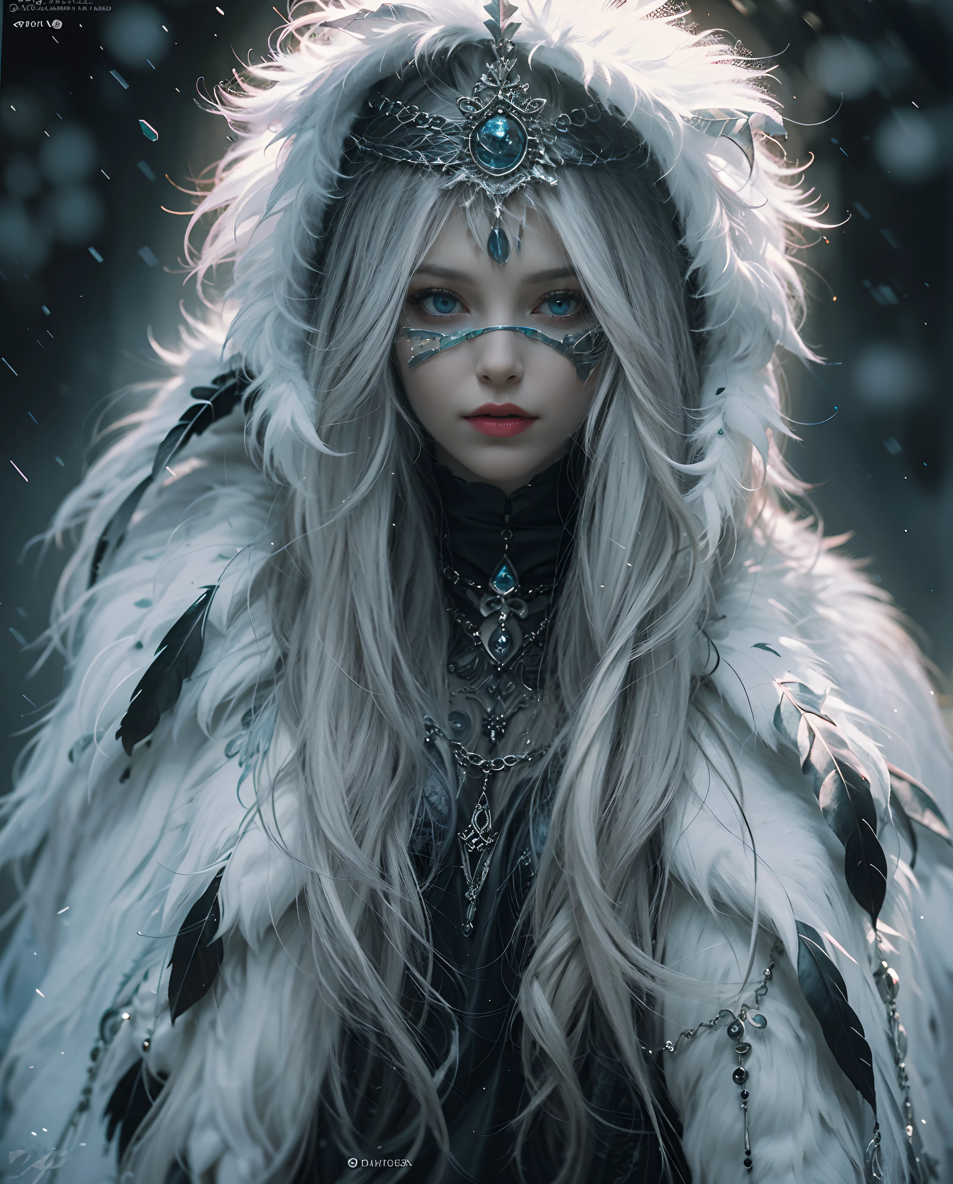 Best quality, masterpiece, meticulous detail, intricate detail, realistic, a mystical winter lady wearing black feathers cloak in halloween, horror, dark fantasy, cinematic lighting
