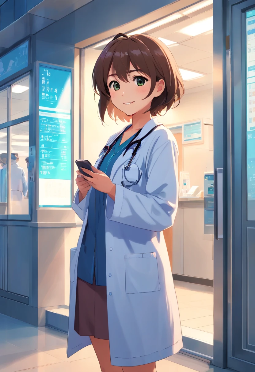 Cute cartoon girl,Become a doctor,Stand in front of the hospital,The phone is equipped with a syringe,Smile and look ahead,He has a fleshy face and short legs