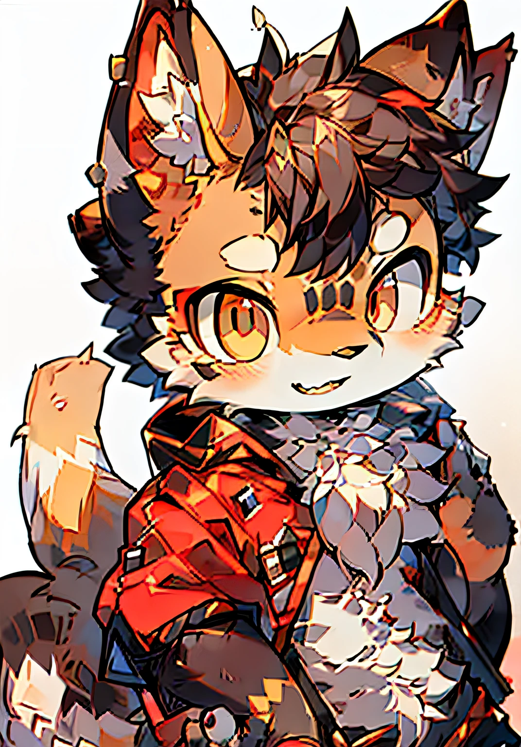 eyes with brightness,Bust photo of the character,Q version,头像框, Character focus,独奏, shaggy, Furry tiger, White fur for men, red color eyes, No hair,Loli style,Little cute, Will sell moe,Wear black clothes and pants