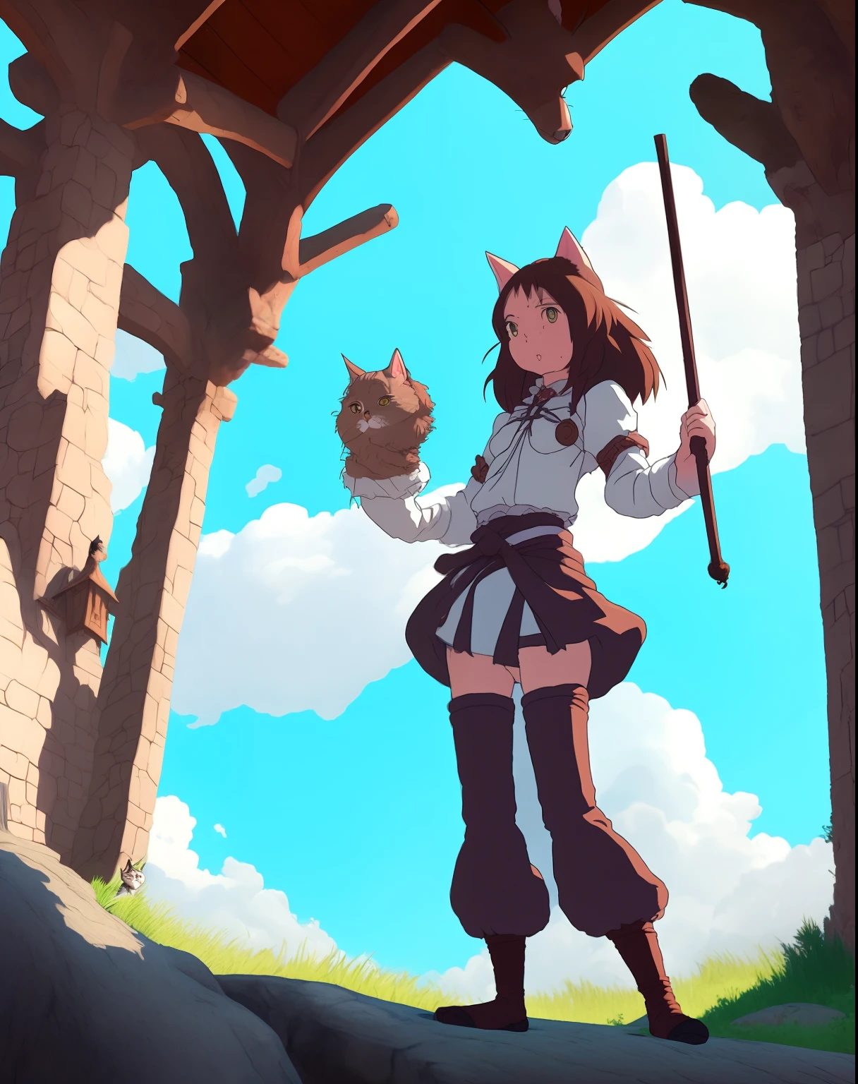 A cat girl with brown fur in medieval big pants casts a spell, Studio Ghibli Style