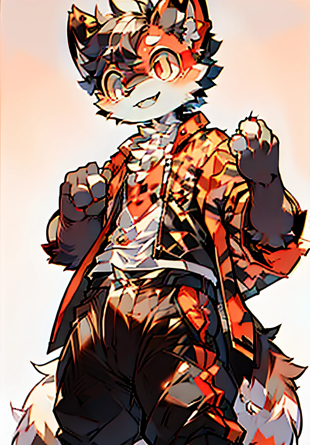 eyes with brightness,Bust photo of the character,Q version，头像框， Character focus，独奏, shaggy, Furry tiger, White fur for men, red color eyes, No hair，Loli style，Little cute， Will sell moe，Wear black clothes and pants