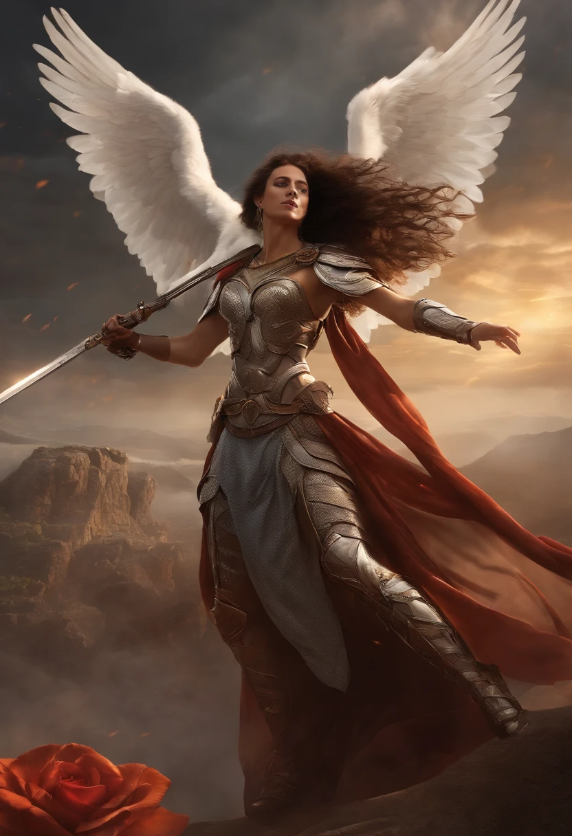 Wide-angle, full-length, a (stunningly beautiful Valkyrie) holding a sleeping male soldier dressed in modern war-gear in her arms, flying into Valhalla, after (glorious combat, epic), incredible, awe, beautiful, highly detailed, well drawn face features, highest quality, divine, prismatic analogous colors, dynamic composition, delicate, cinematic lighting, sublime, striking scene, sharp and crisp image, ultra realistic, (petals in the air)