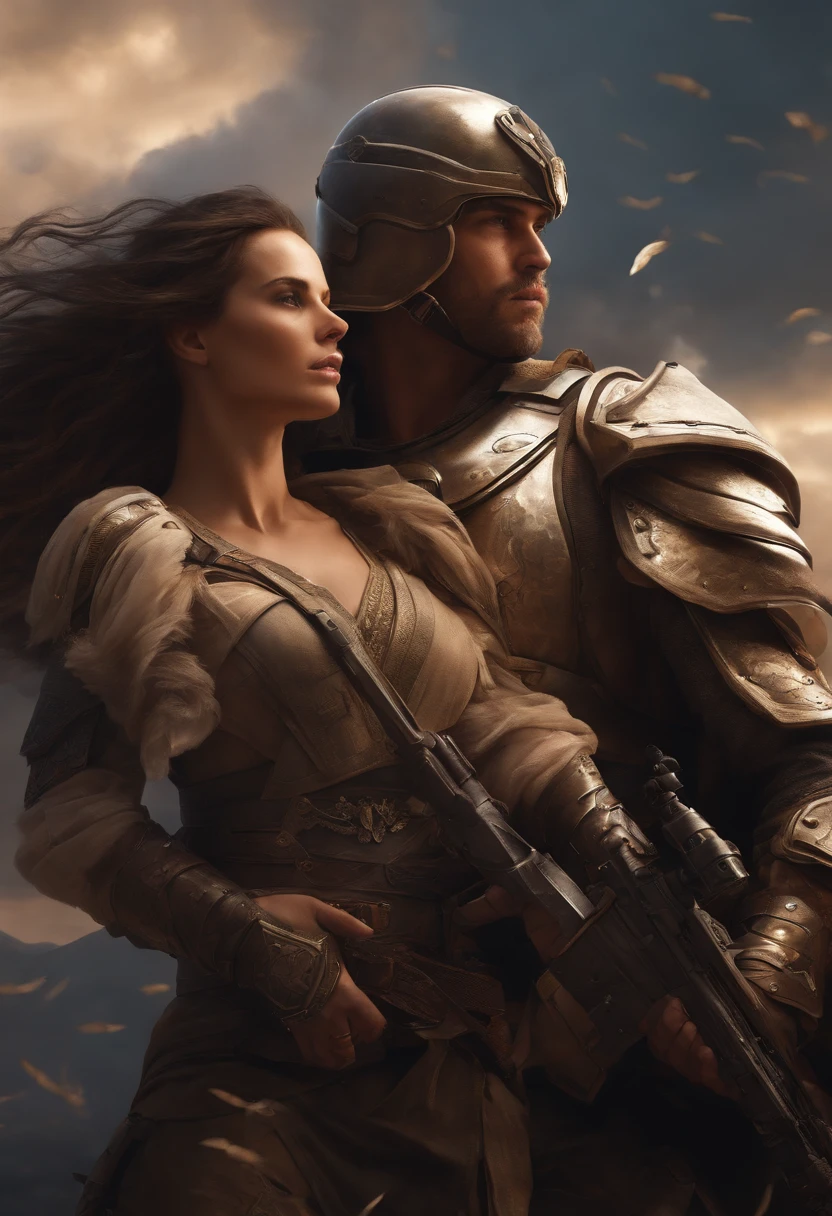 Wide-angle, full-length, a (stunningly beautiful Valkyrie) holding a sleeping male soldier dressed in modern war-gear in her arms, flying into Valhalla, after (glorious combat, epic), incredible, awe, beautiful, highly detailed, well drawn face features, highest quality, divine, prismatic analogous colors, dynamic composition, delicate, cinematic lighting, sublime, striking scene, sharp and crisp image, ultra realistic, (petals in the air)